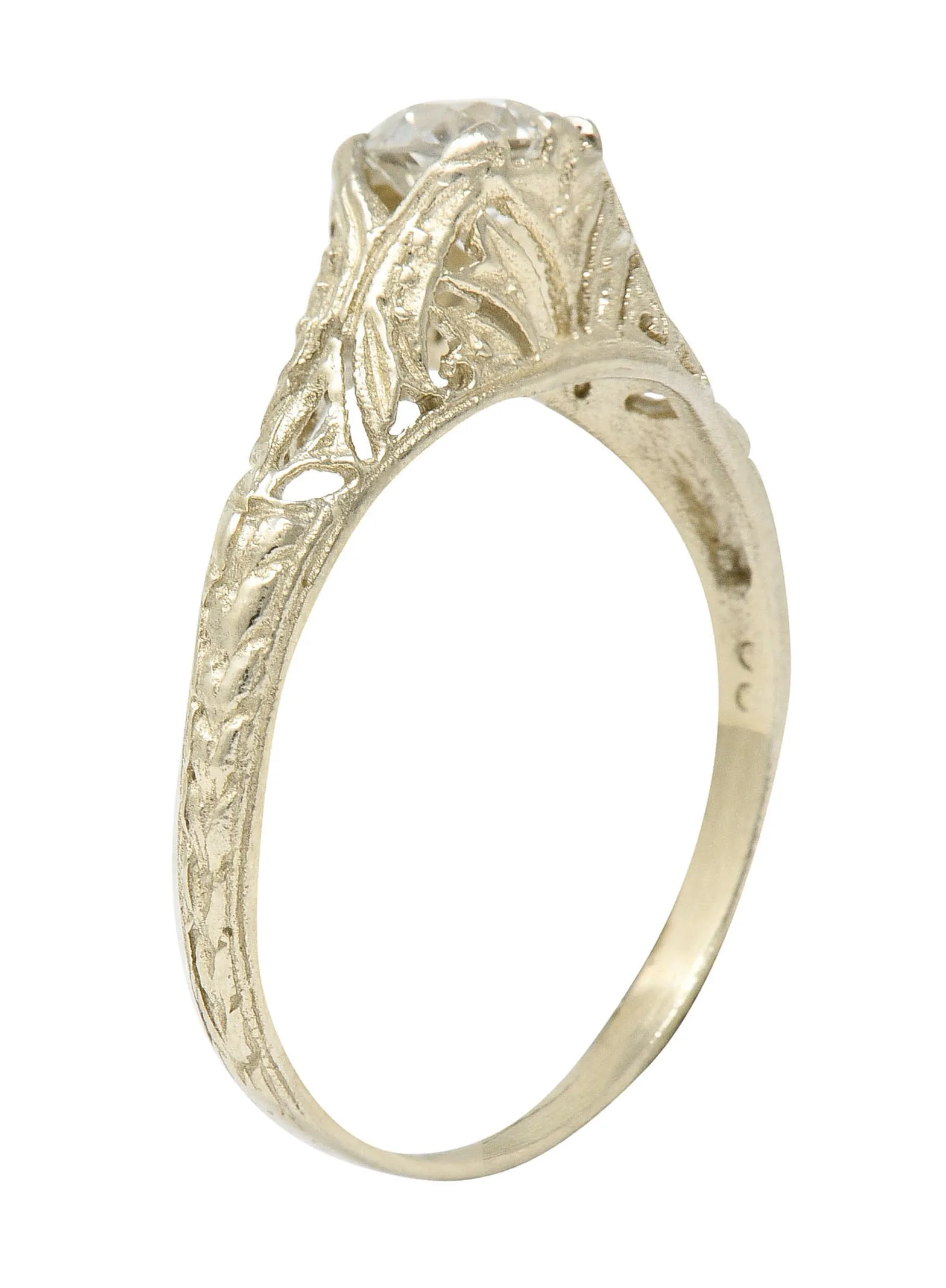 1920's Art Deco 0.48 CTW Diamond 18 Karat White Gold Foliate Engagement Ring