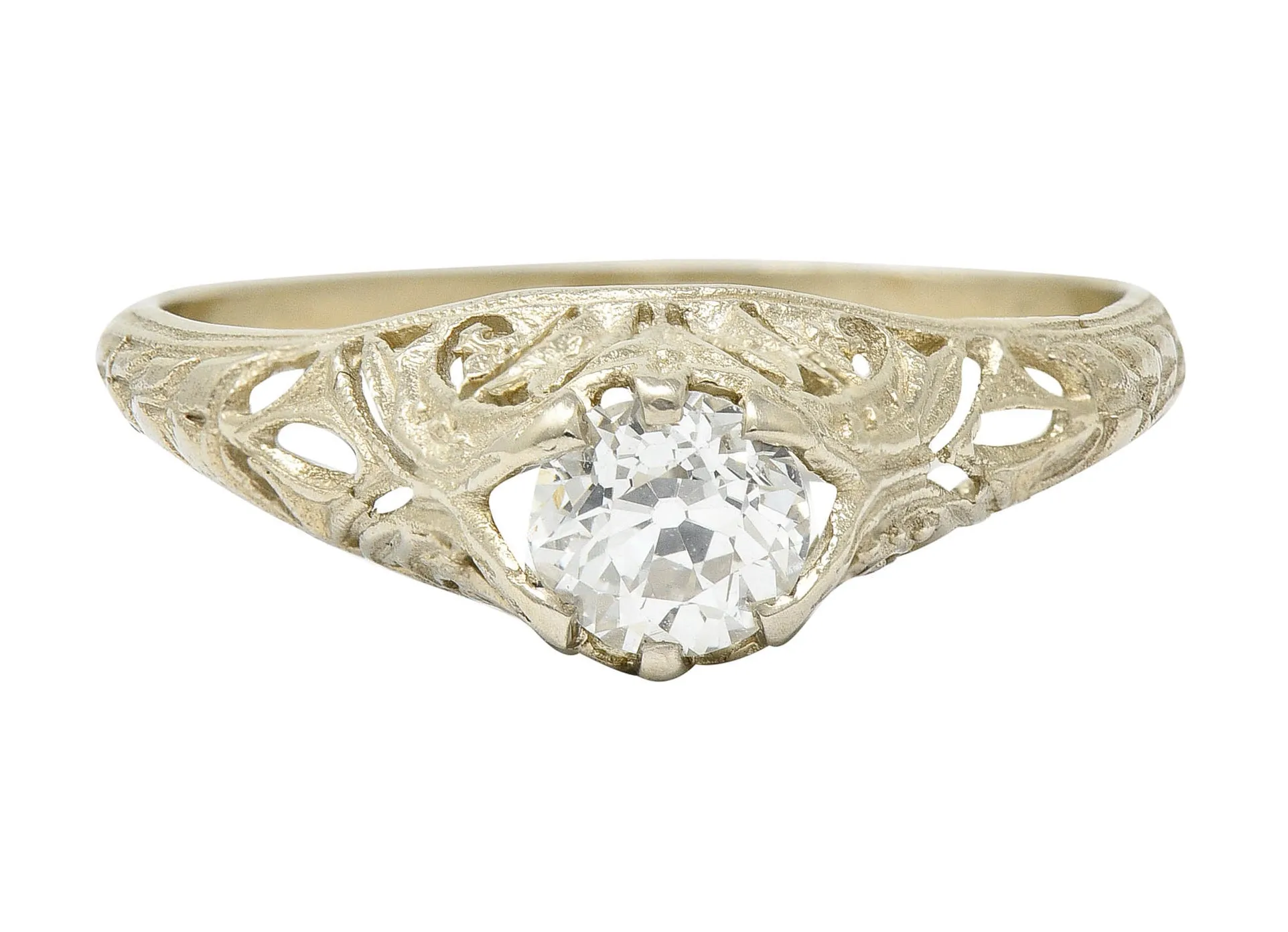 1920's Art Deco 0.48 CTW Diamond 18 Karat White Gold Foliate Engagement Ring
