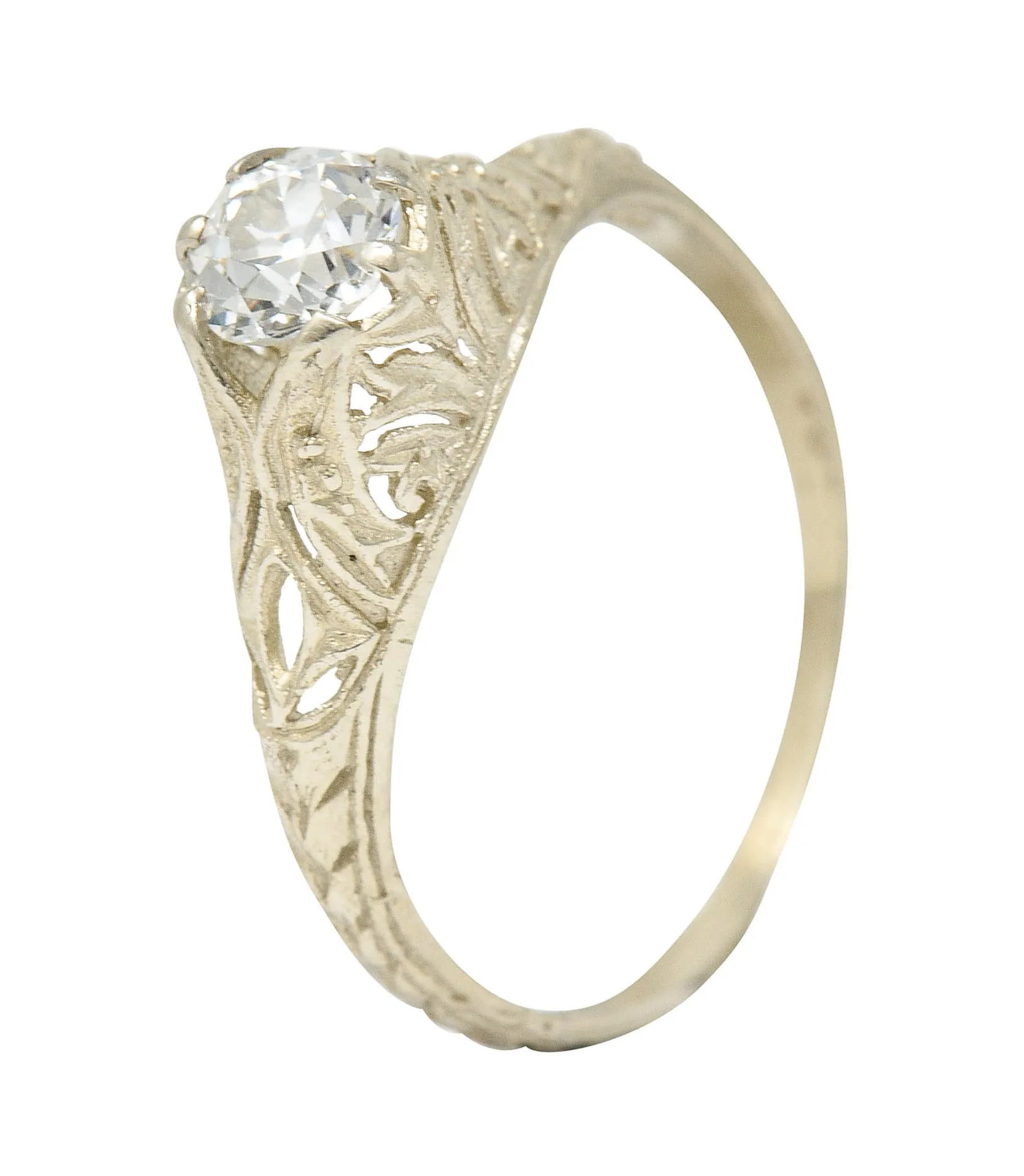 1920's Art Deco 0.48 CTW Diamond 18 Karat White Gold Foliate Engagement Ring