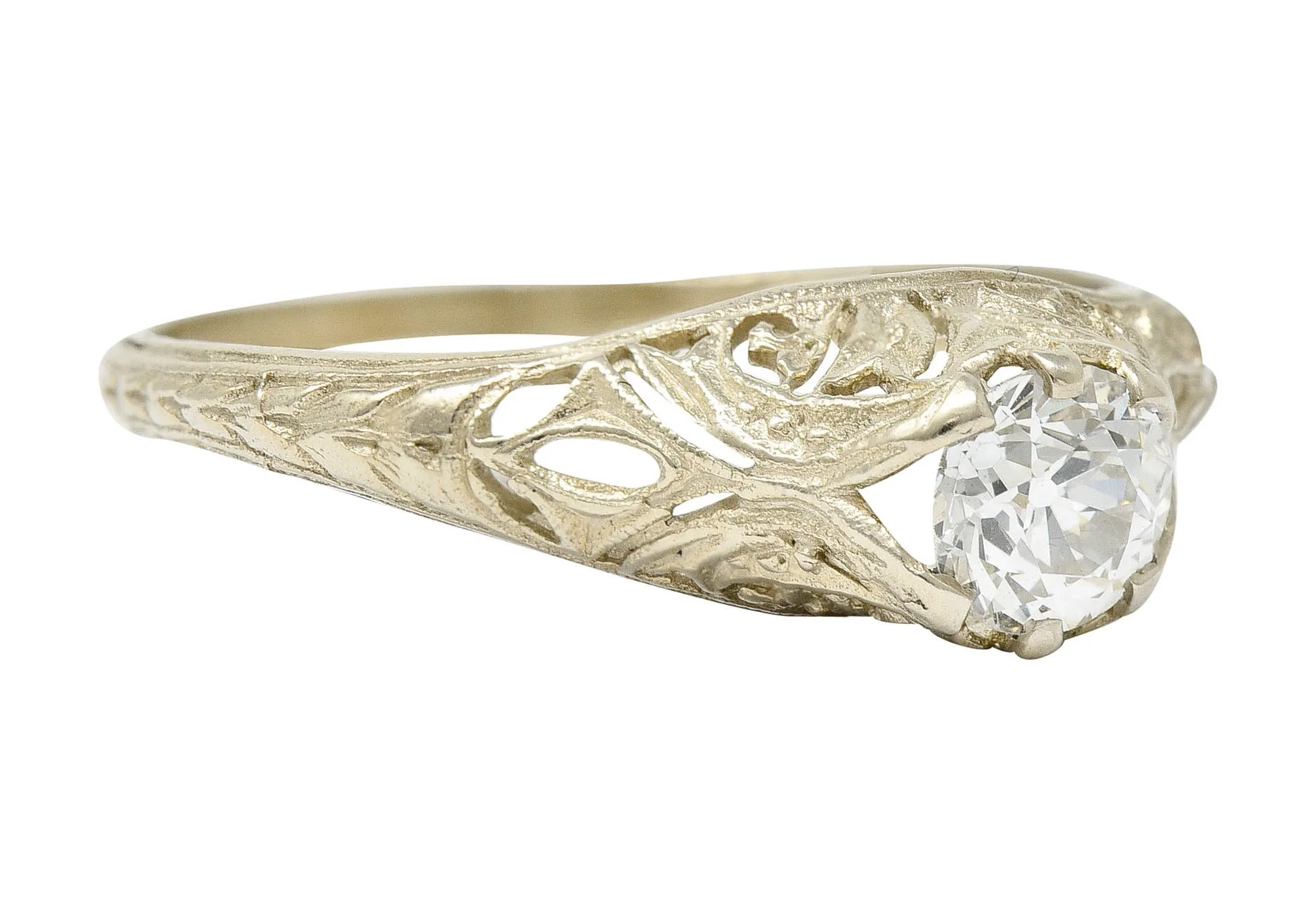 1920's Art Deco 0.48 CTW Diamond 18 Karat White Gold Foliate Engagement Ring