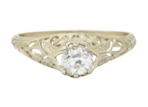 1920's Art Deco 0.48 CTW Diamond 18 Karat White Gold Foliate Engagement Ring