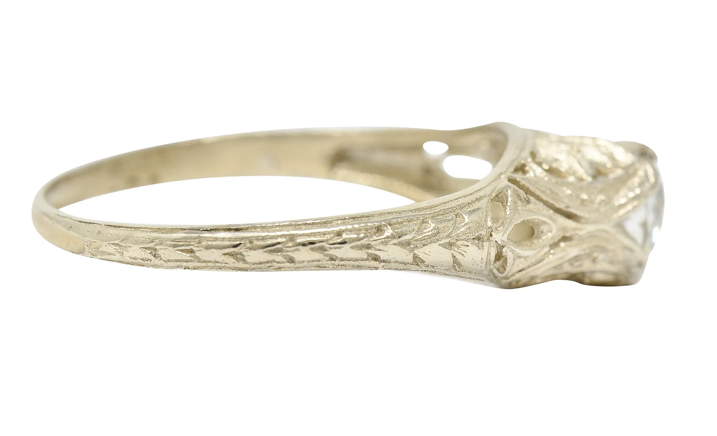 1920's Art Deco 0.48 CTW Diamond 18 Karat White Gold Foliate Engagement Ring