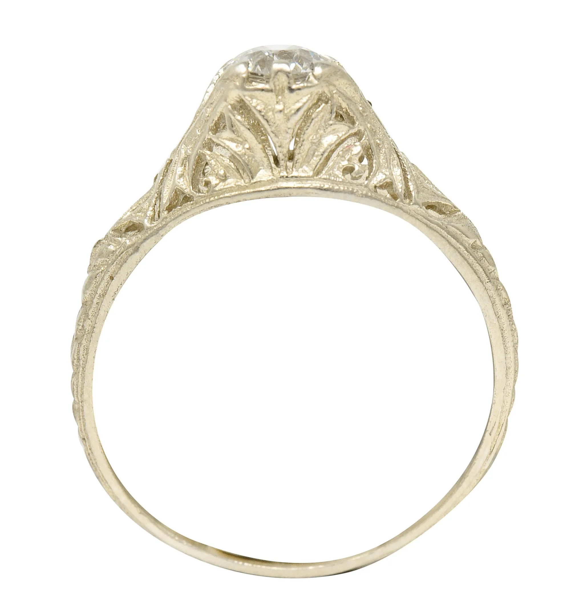 1920's Art Deco 0.48 CTW Diamond 18 Karat White Gold Foliate Engagement Ring