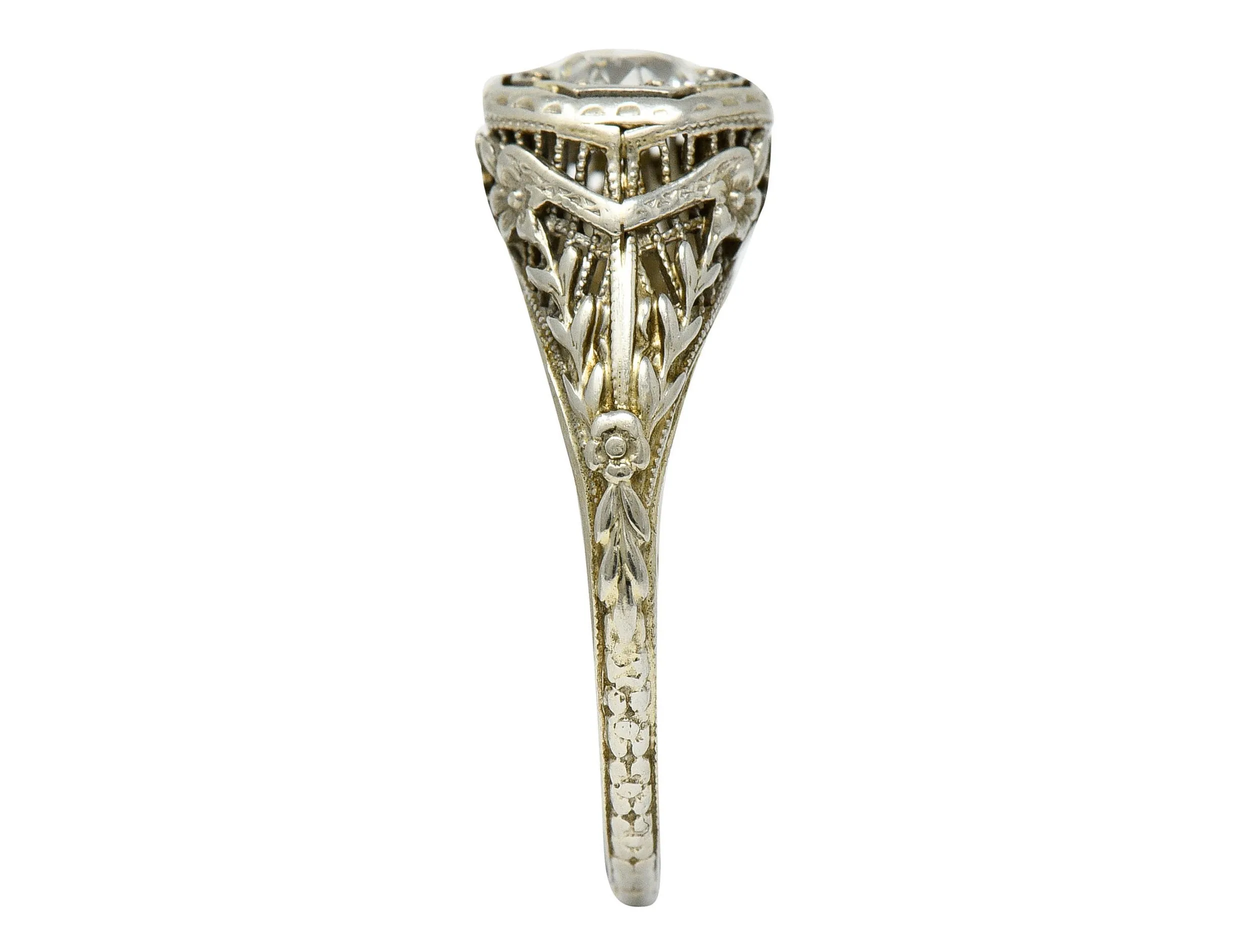 1920's Art Deco 0.50 CTW Diamond 18 Karat White Gold Floral Engagement Ring