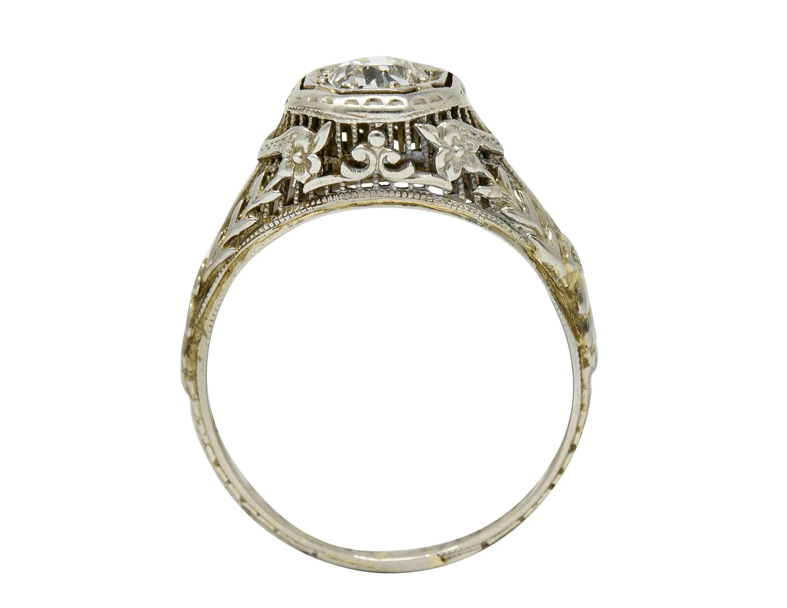 1920's Art Deco 0.50 CTW Diamond 18 Karat White Gold Floral Engagement Ring