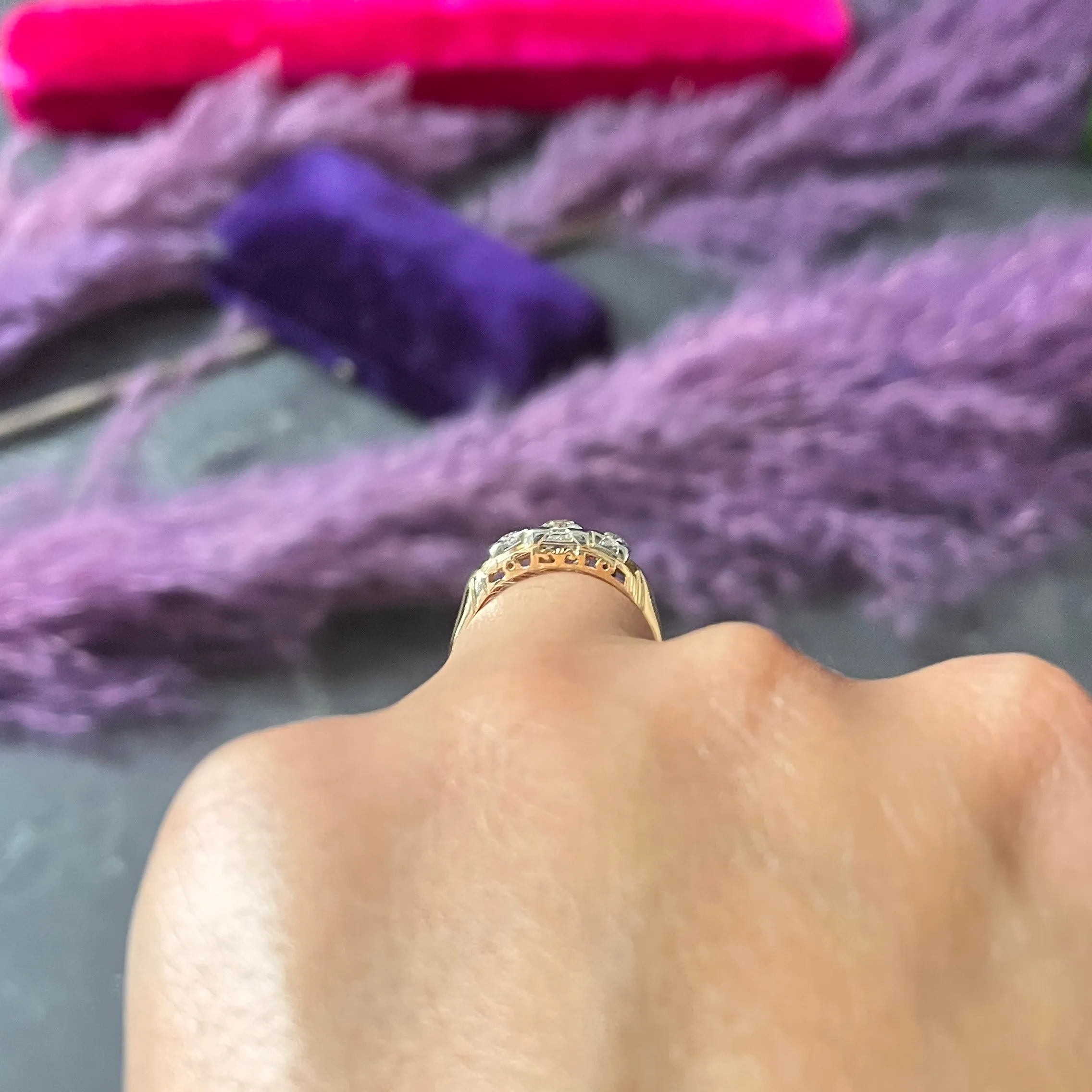 1920's Art Deco 0.60 CTW Diamond 14 Karat Two-Tone Three Stone Ring