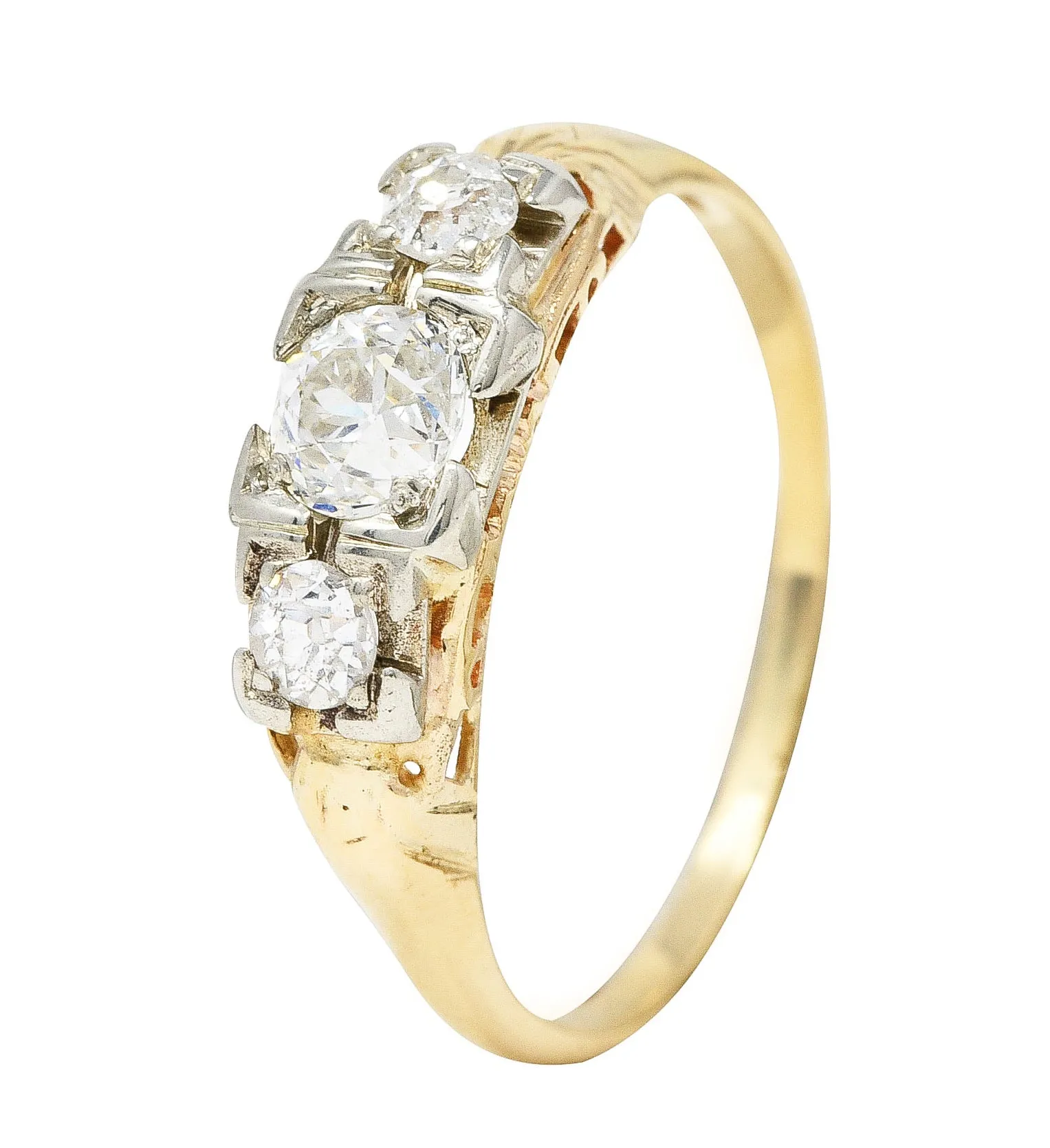 1920's Art Deco 0.60 CTW Diamond 14 Karat Two-Tone Three Stone Ring