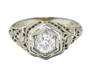 1920's Art Deco 0.62 CTW Diamond 18 Karat White Gold Hexagonal Engagement Ring