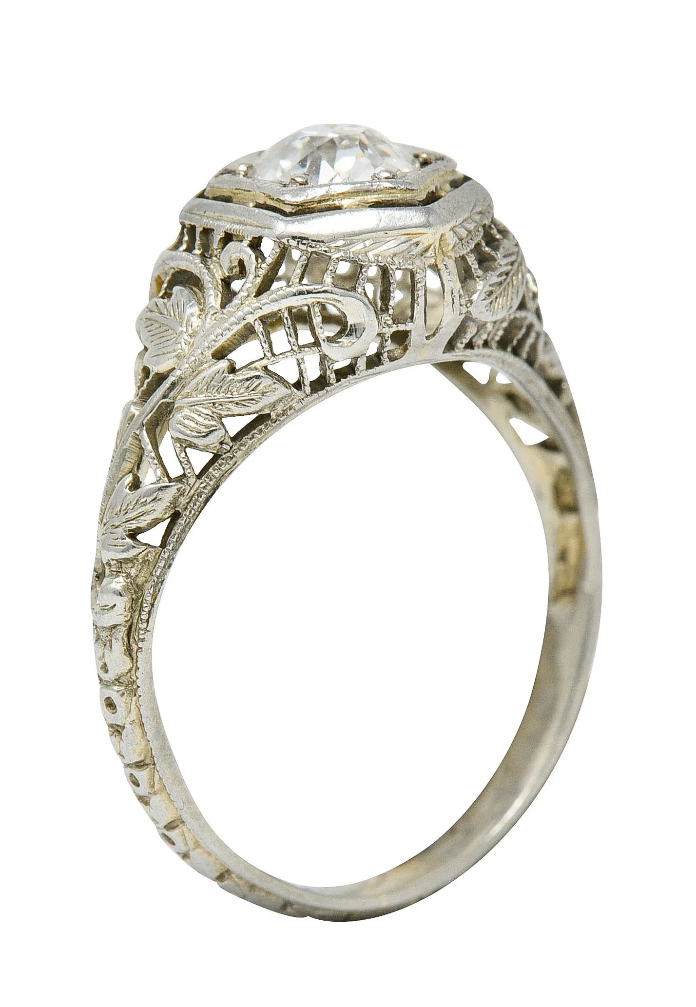 1920's Art Deco 0.62 CTW Diamond 18 Karat White Gold Hexagonal Engagement Ring