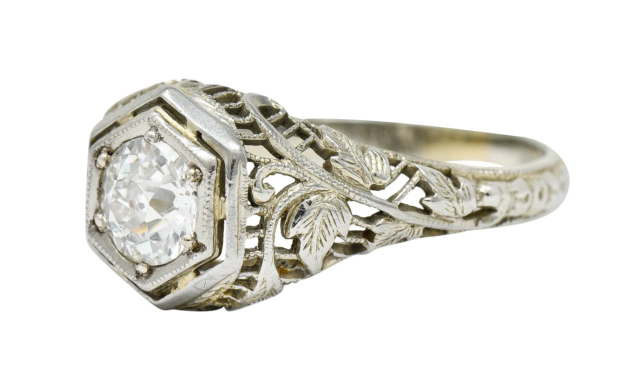 1920's Art Deco 0.62 CTW Diamond 18 Karat White Gold Hexagonal Engagement Ring