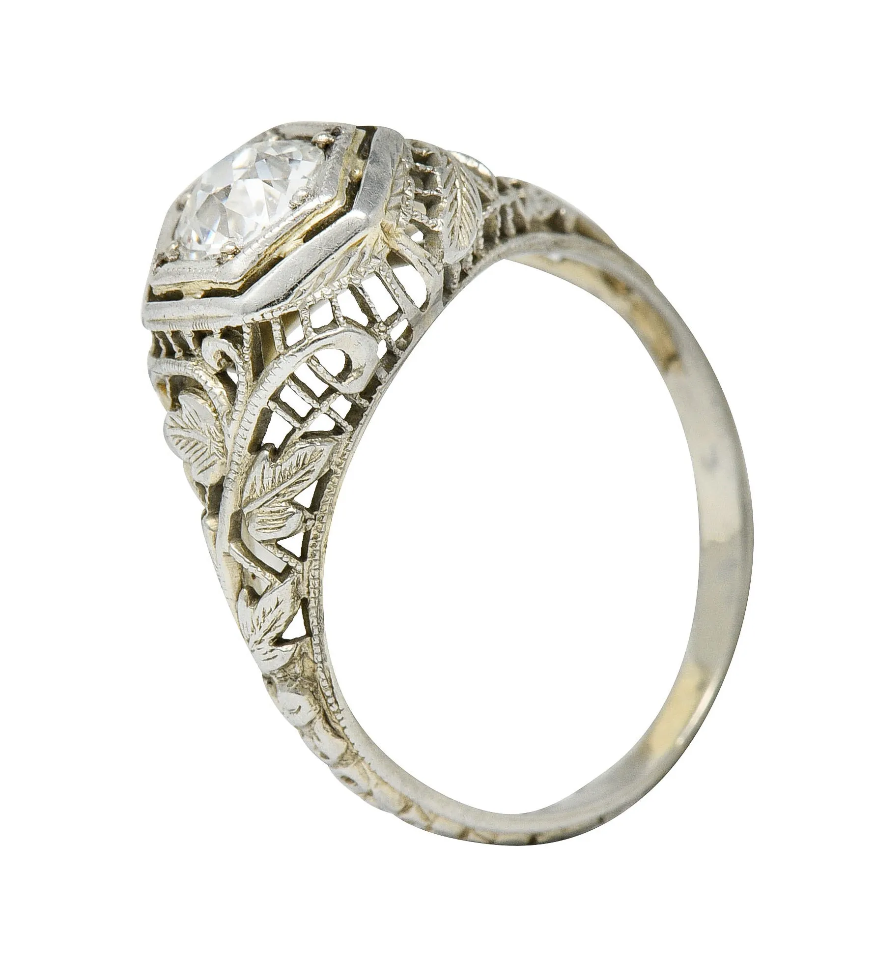 1920's Art Deco 0.62 CTW Diamond 18 Karat White Gold Hexagonal Engagement Ring