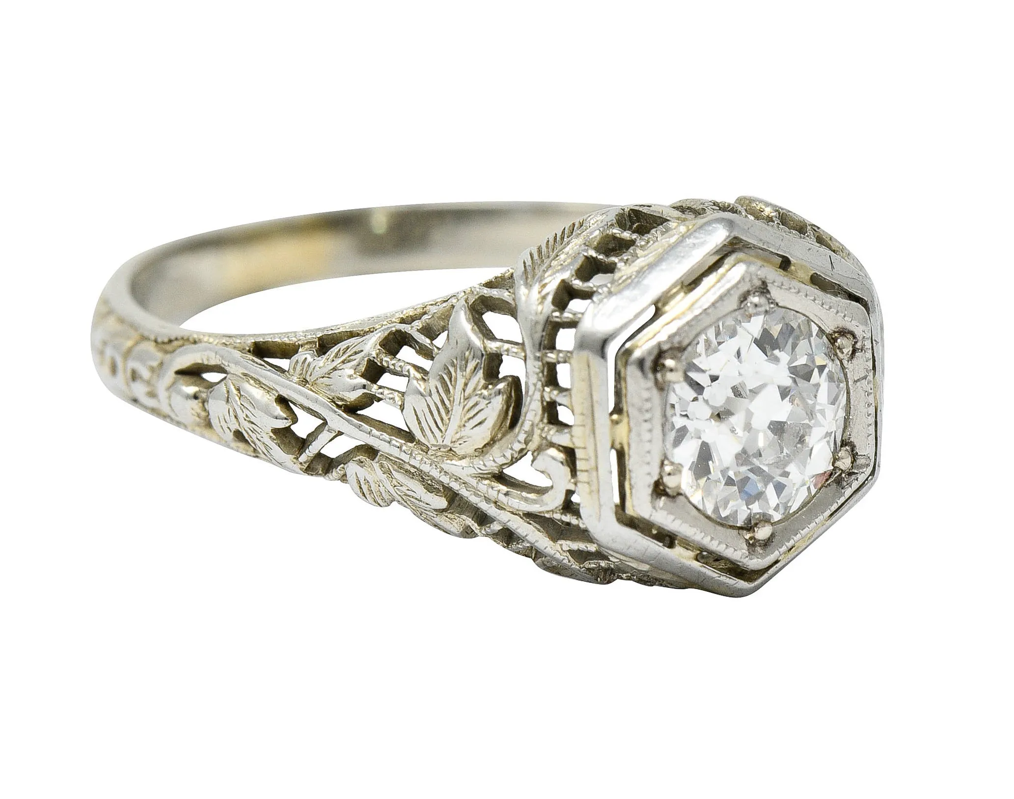 1920's Art Deco 0.62 CTW Diamond 18 Karat White Gold Hexagonal Engagement Ring