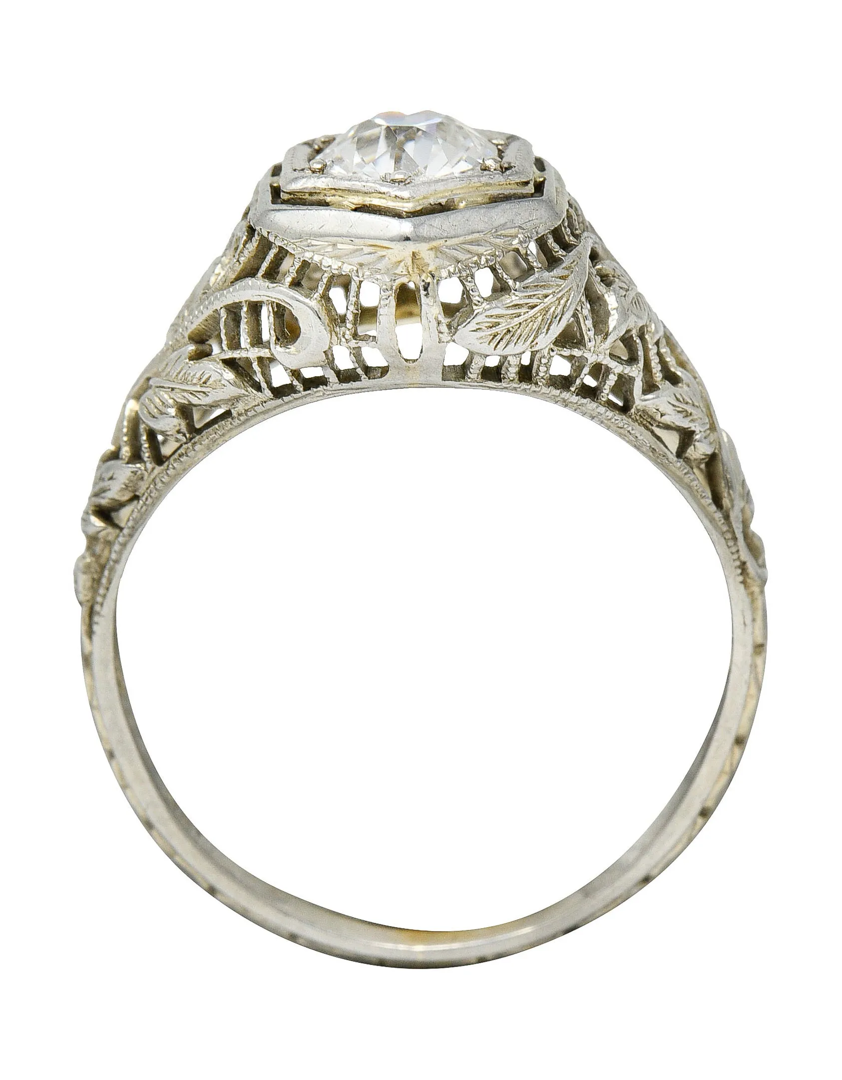 1920's Art Deco 0.62 CTW Diamond 18 Karat White Gold Hexagonal Engagement Ring
