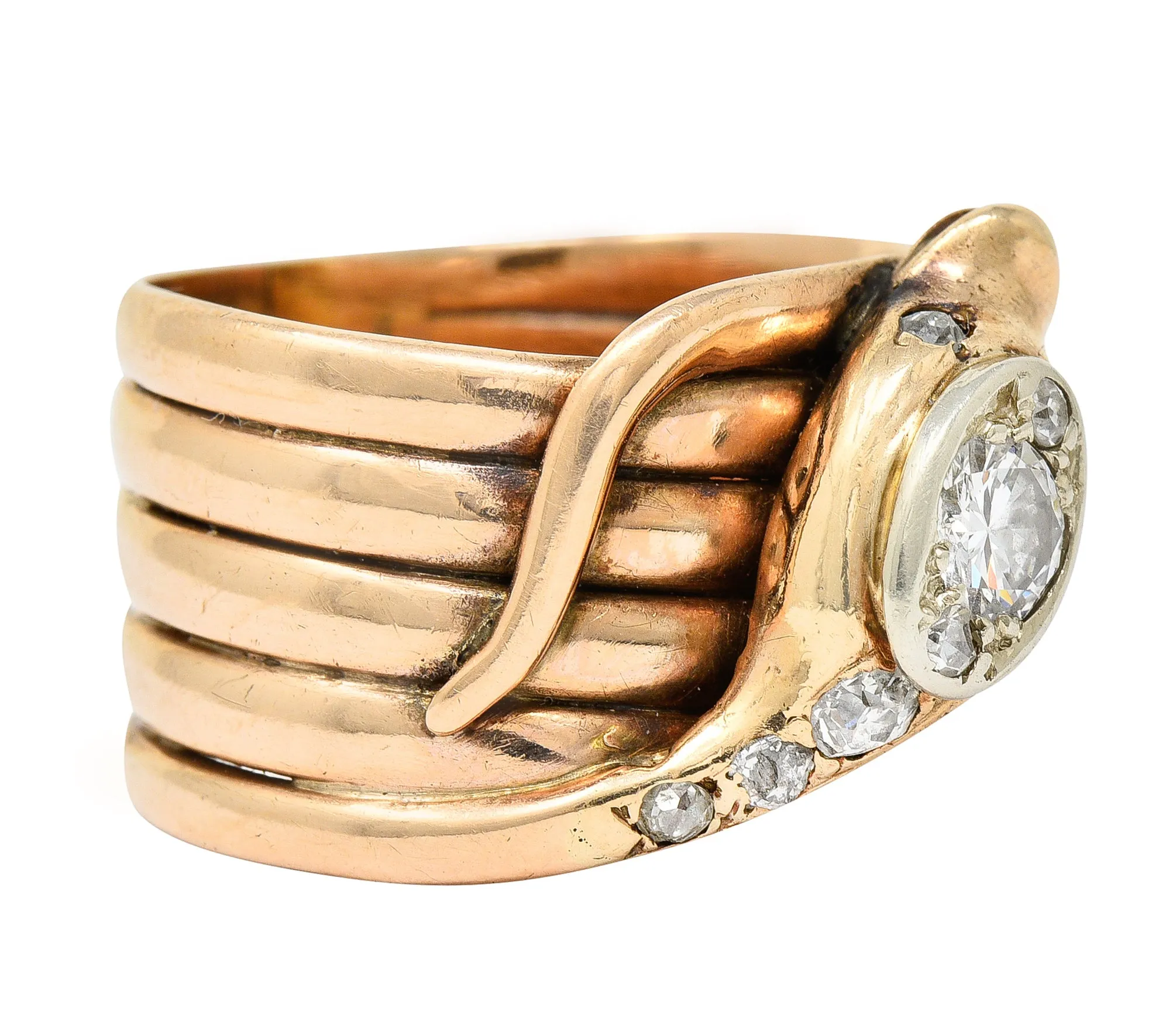 1920's Art Deco 0.67 CTW Diamond 14 Karat Two-Tone Gold Antique Snake Ring