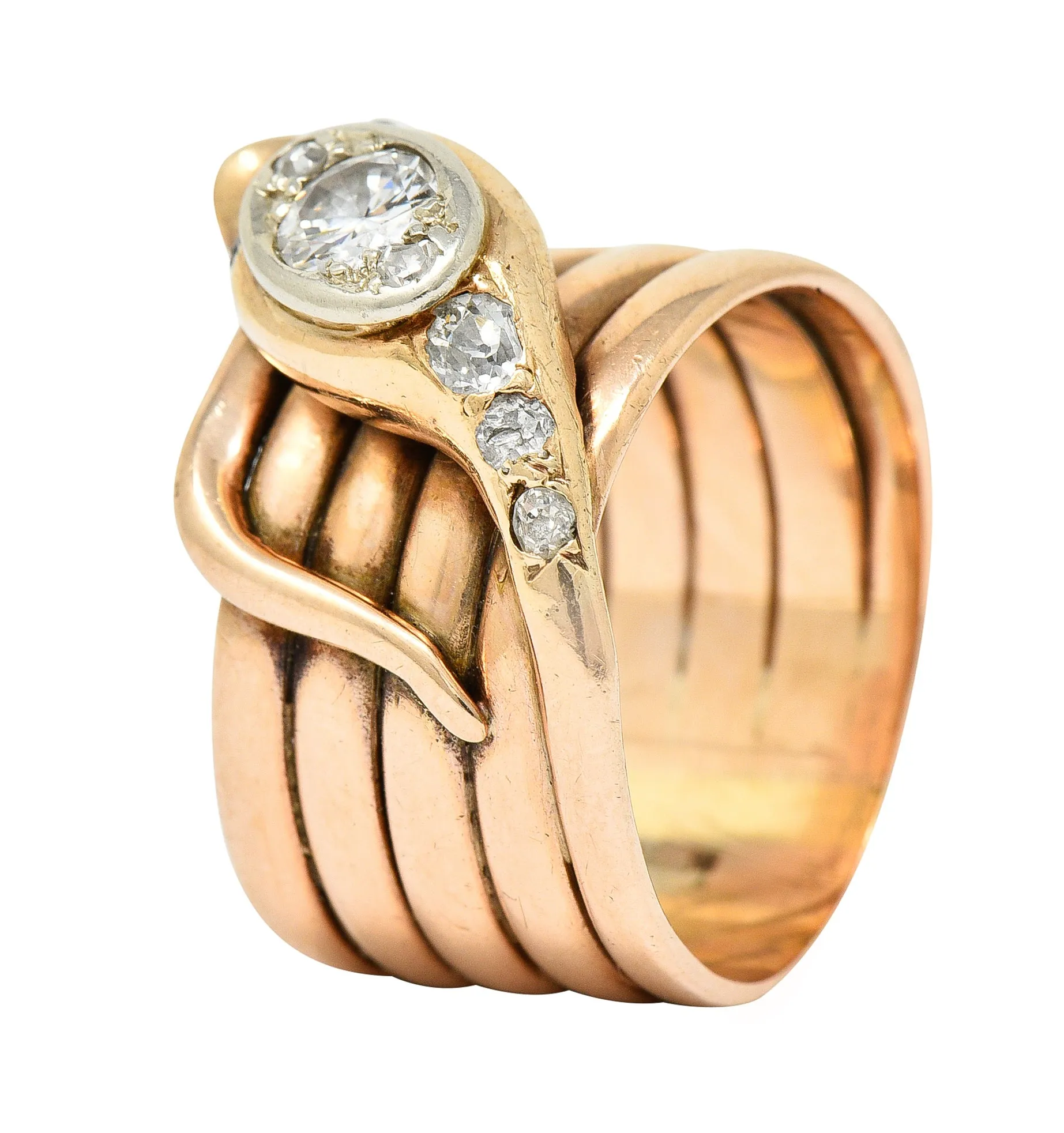 1920's Art Deco 0.67 CTW Diamond 14 Karat Two-Tone Gold Antique Snake Ring