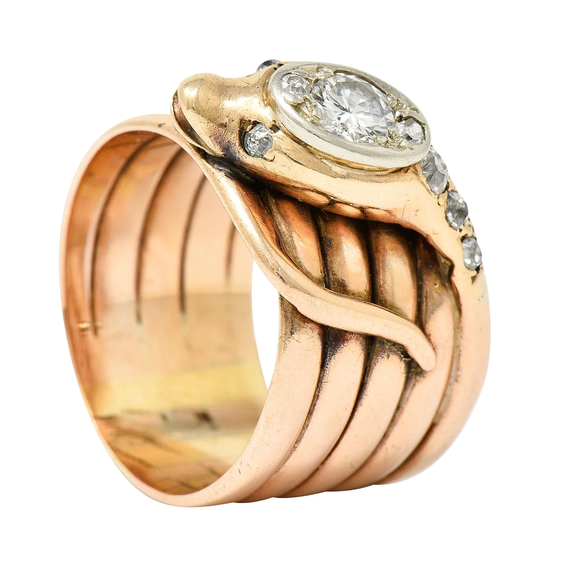 1920's Art Deco 0.67 CTW Diamond 14 Karat Two-Tone Gold Antique Snake Ring