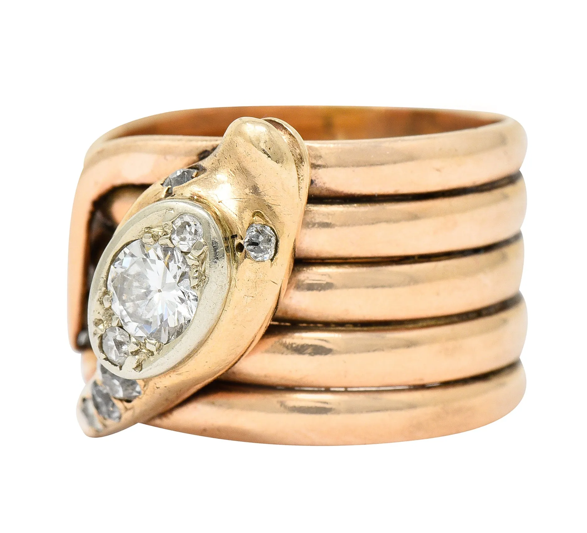 1920's Art Deco 0.67 CTW Diamond 14 Karat Two-Tone Gold Antique Snake Ring