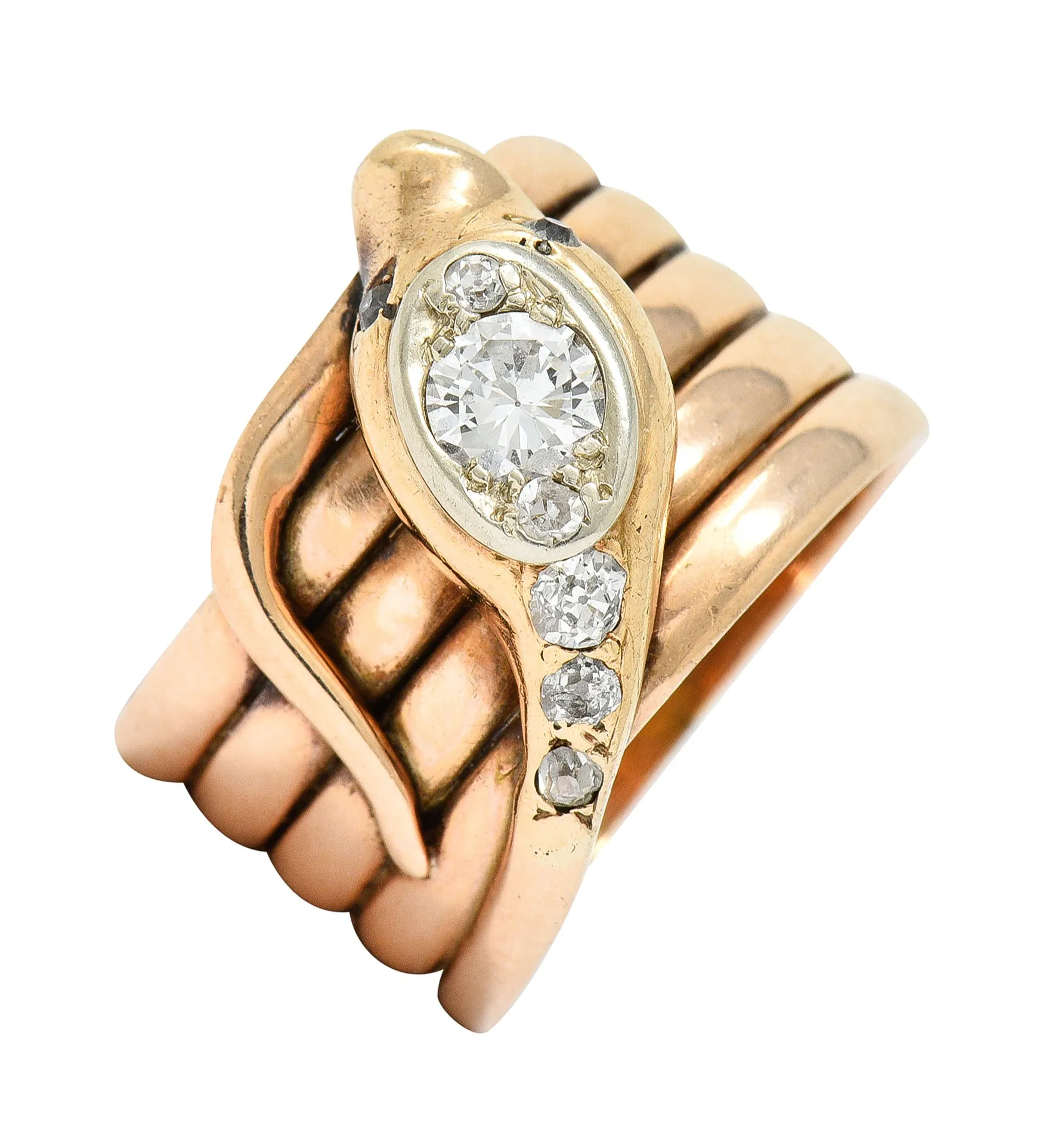 1920's Art Deco 0.67 CTW Diamond 14 Karat Two-Tone Gold Antique Snake Ring