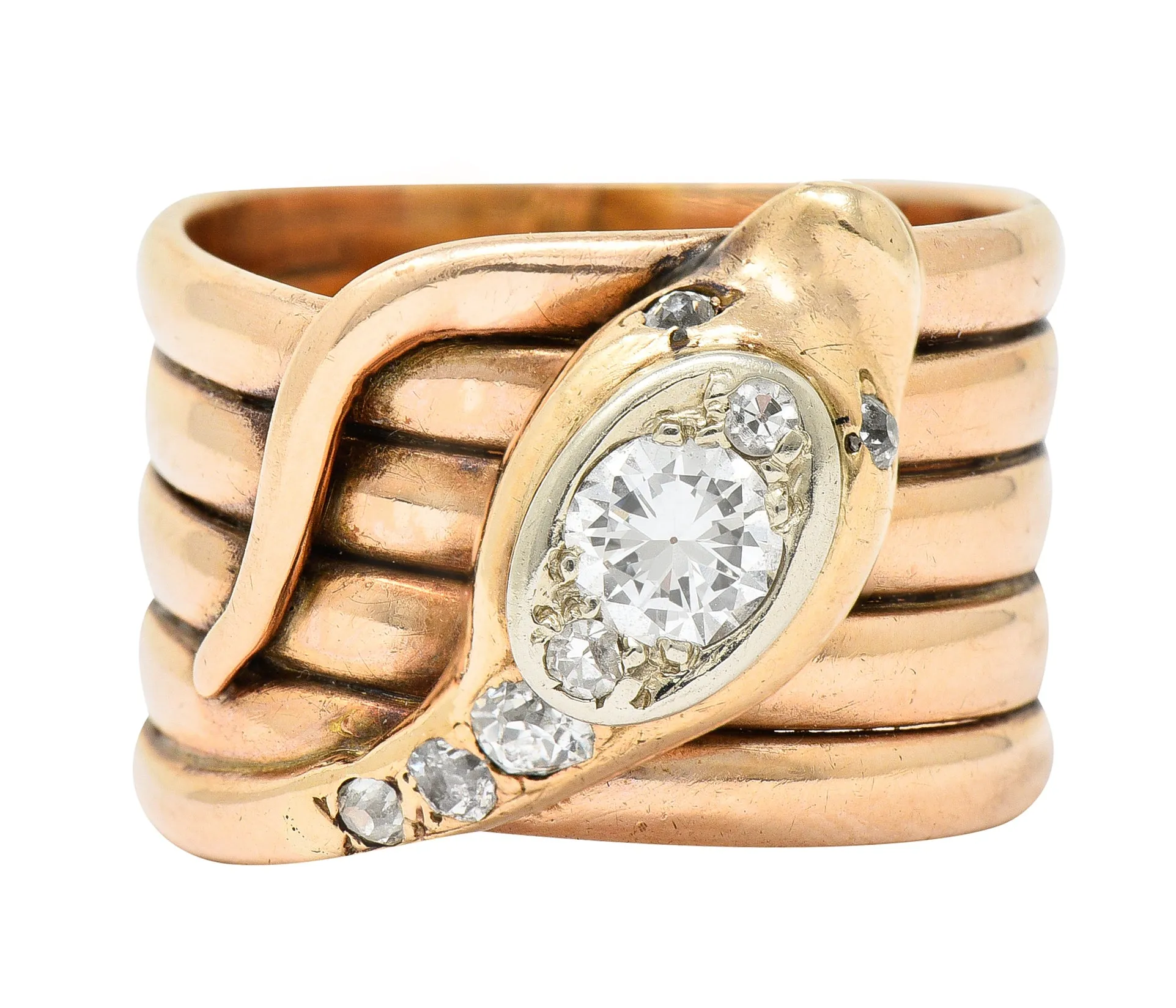 1920's Art Deco 0.67 CTW Diamond 14 Karat Two-Tone Gold Antique Snake Ring