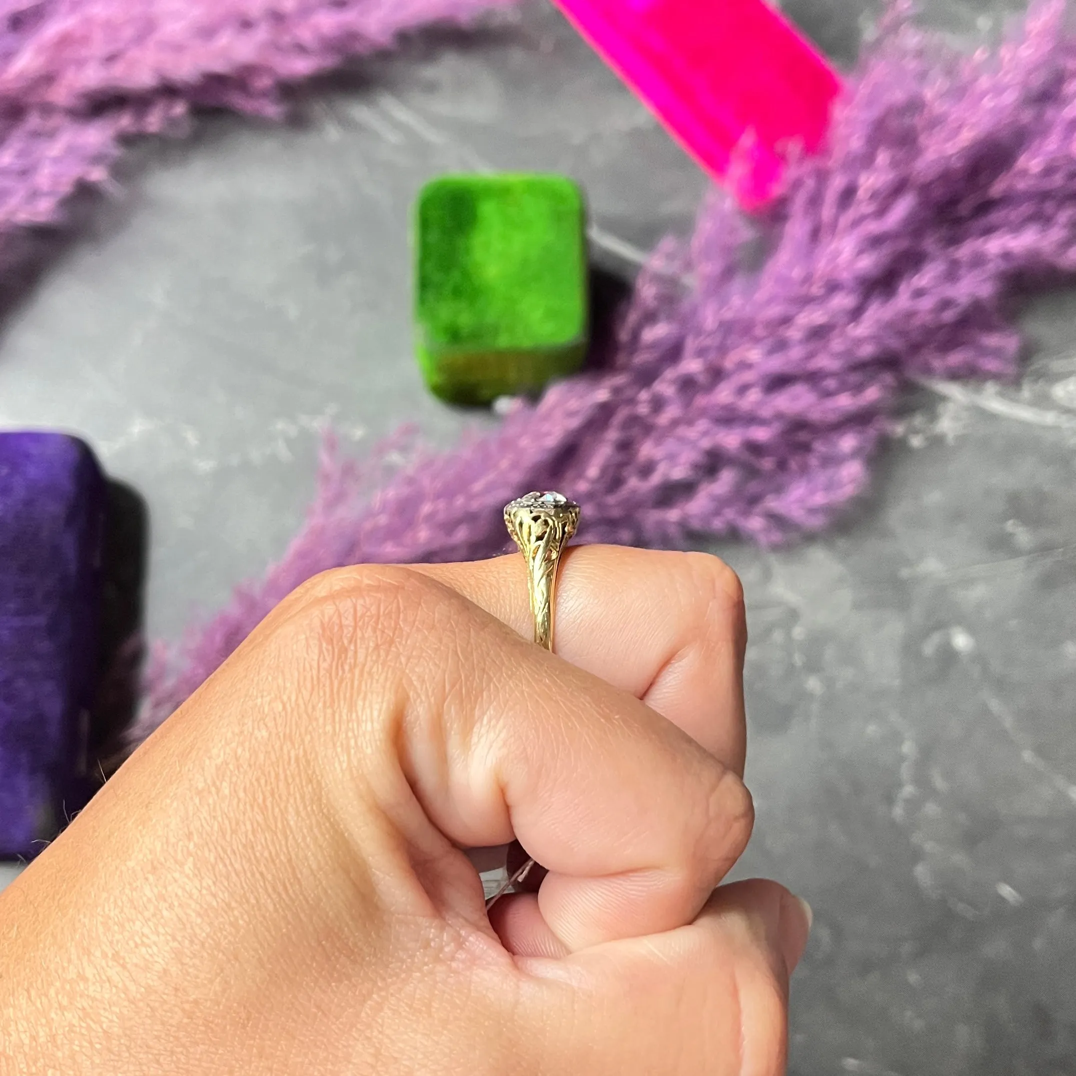 1920's Art Deco 0.71 Old European Diamond 14 Karat Two-Tone Gold Floral Engagement Ring