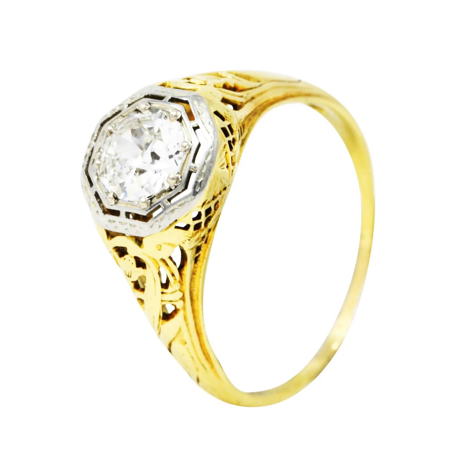 1920's Art Deco 0.71 Old European Diamond 14 Karat Two-Tone Gold Floral Engagement Ring