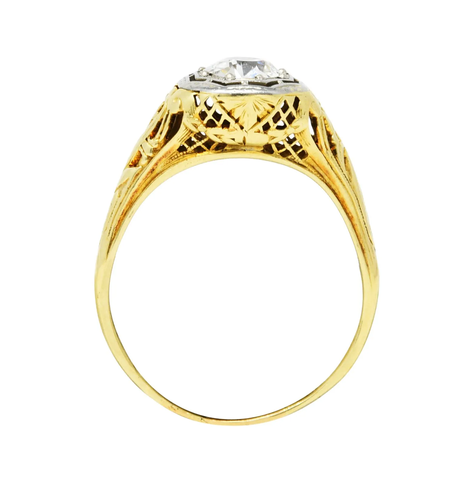 1920's Art Deco 0.71 Old European Diamond 14 Karat Two-Tone Gold Floral Engagement Ring