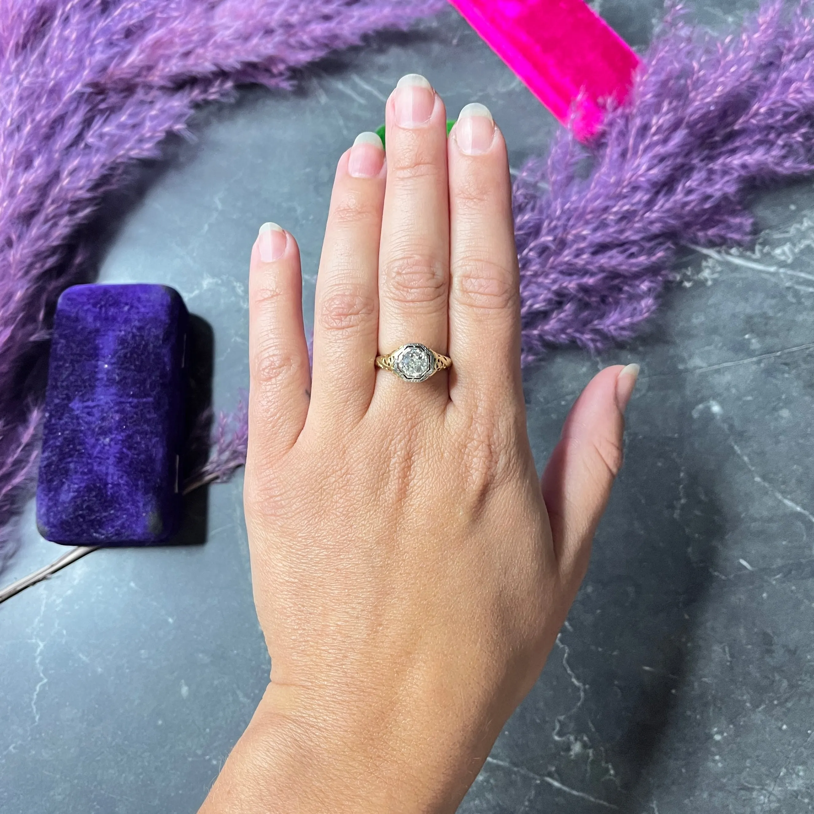 1920's Art Deco 0.71 Old European Diamond 14 Karat Two-Tone Gold Floral Engagement Ring
