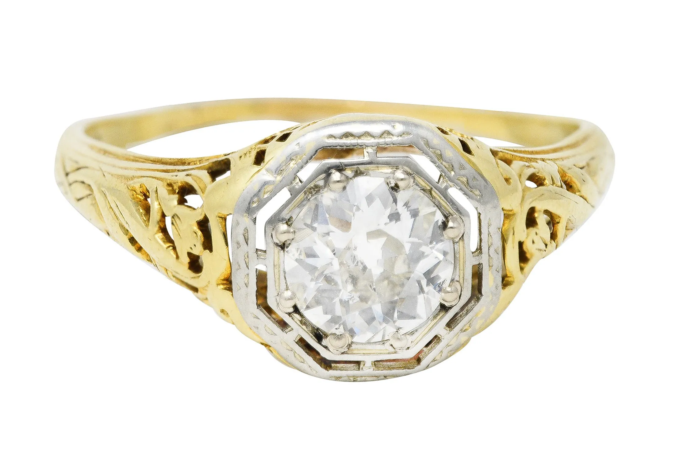 1920's Art Deco 0.71 Old European Diamond 14 Karat Two-Tone Gold Floral Engagement Ring