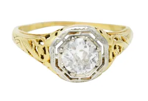 1920's Art Deco 0.71 Old European Diamond 14 Karat Two-Tone Gold Floral Engagement Ring