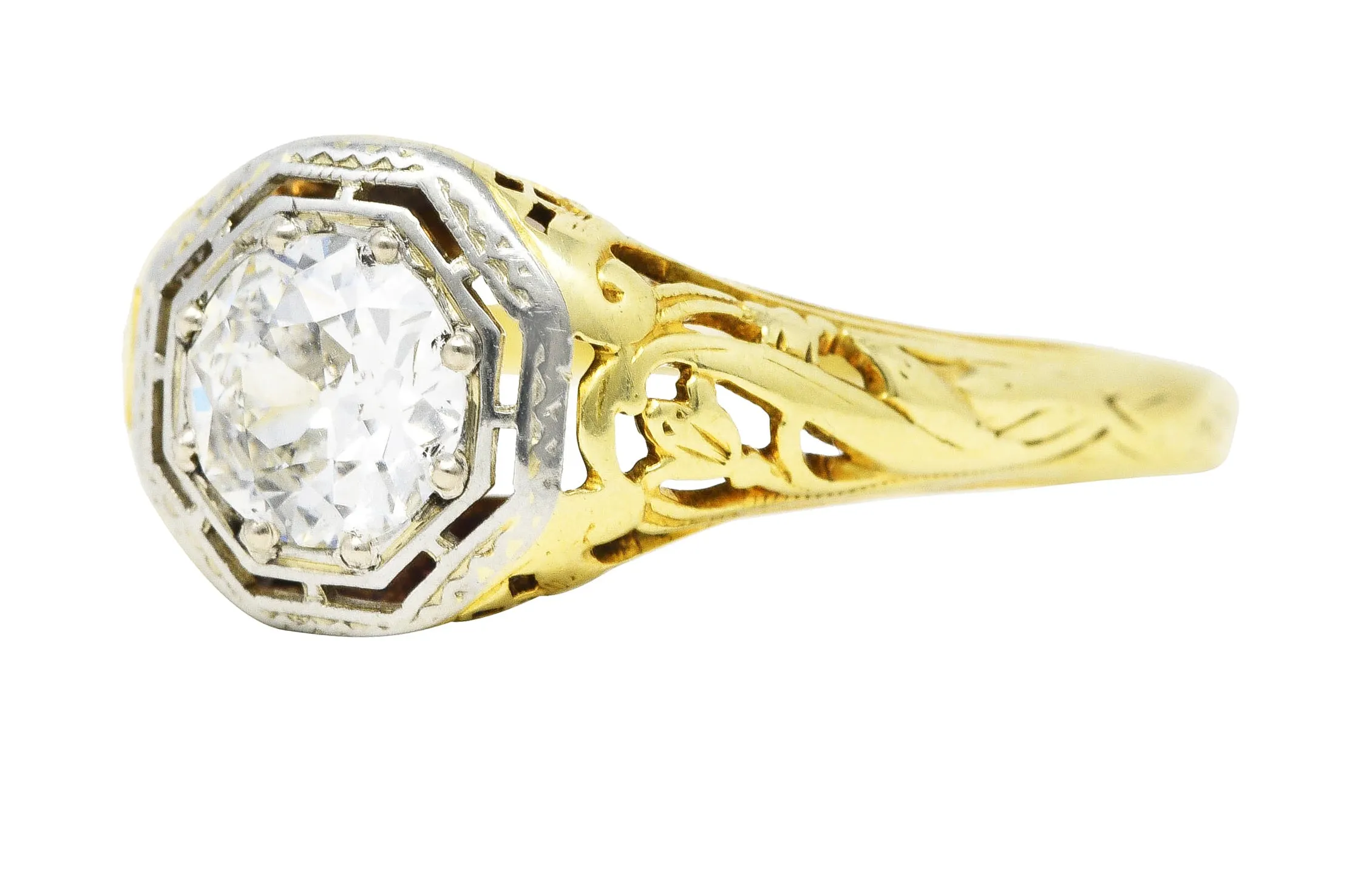 1920's Art Deco 0.71 Old European Diamond 14 Karat Two-Tone Gold Floral Engagement Ring