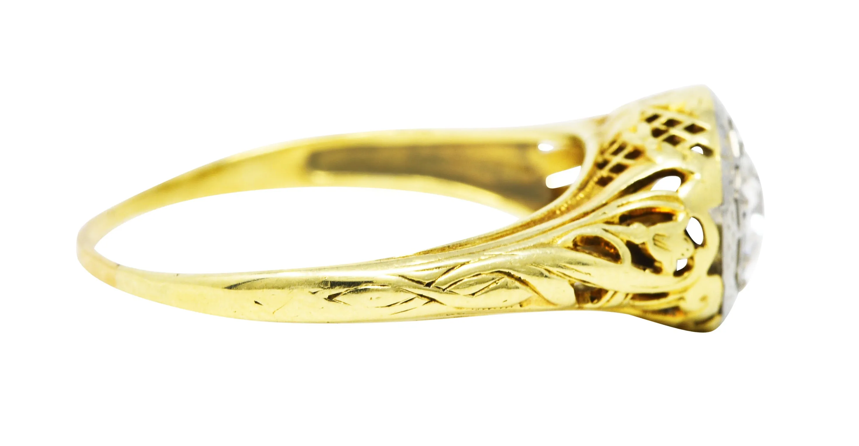 1920's Art Deco 0.71 Old European Diamond 14 Karat Two-Tone Gold Floral Engagement Ring