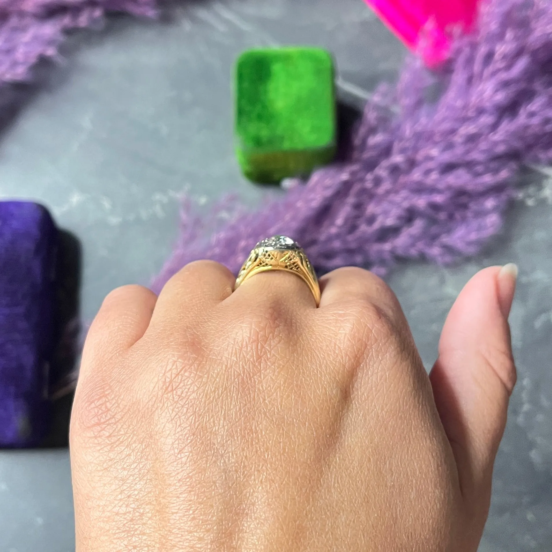 1920's Art Deco 0.71 Old European Diamond 14 Karat Two-Tone Gold Floral Engagement Ring