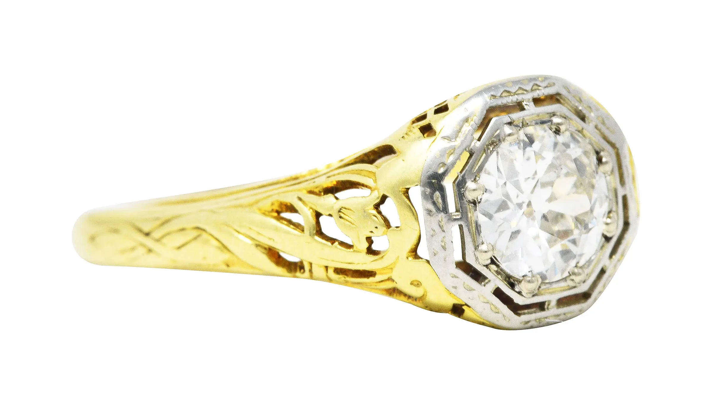 1920's Art Deco 0.71 Old European Diamond 14 Karat Two-Tone Gold Floral Engagement Ring