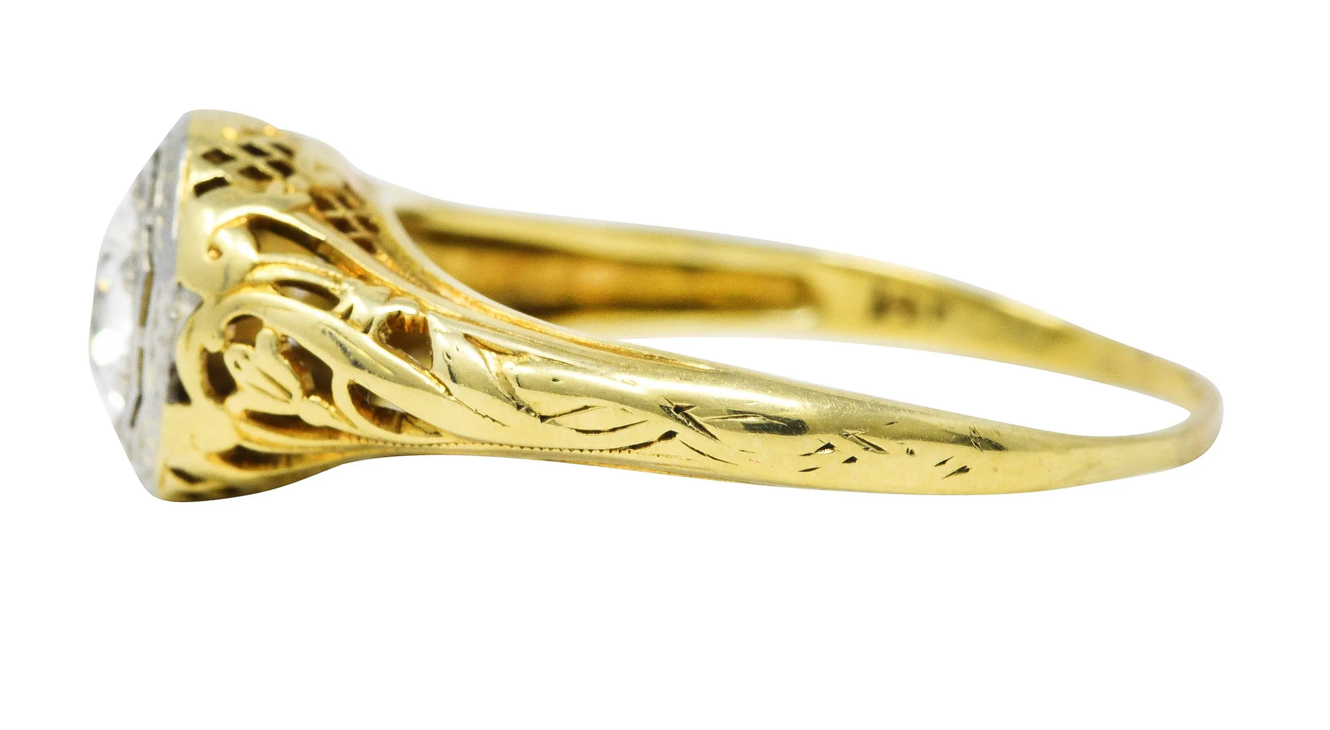 1920's Art Deco 0.71 Old European Diamond 14 Karat Two-Tone Gold Floral Engagement Ring