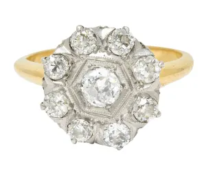 1920's Art Deco 0.80 CTW Diamond Platinum-Topped 14 Karat Gold Cluster Ring