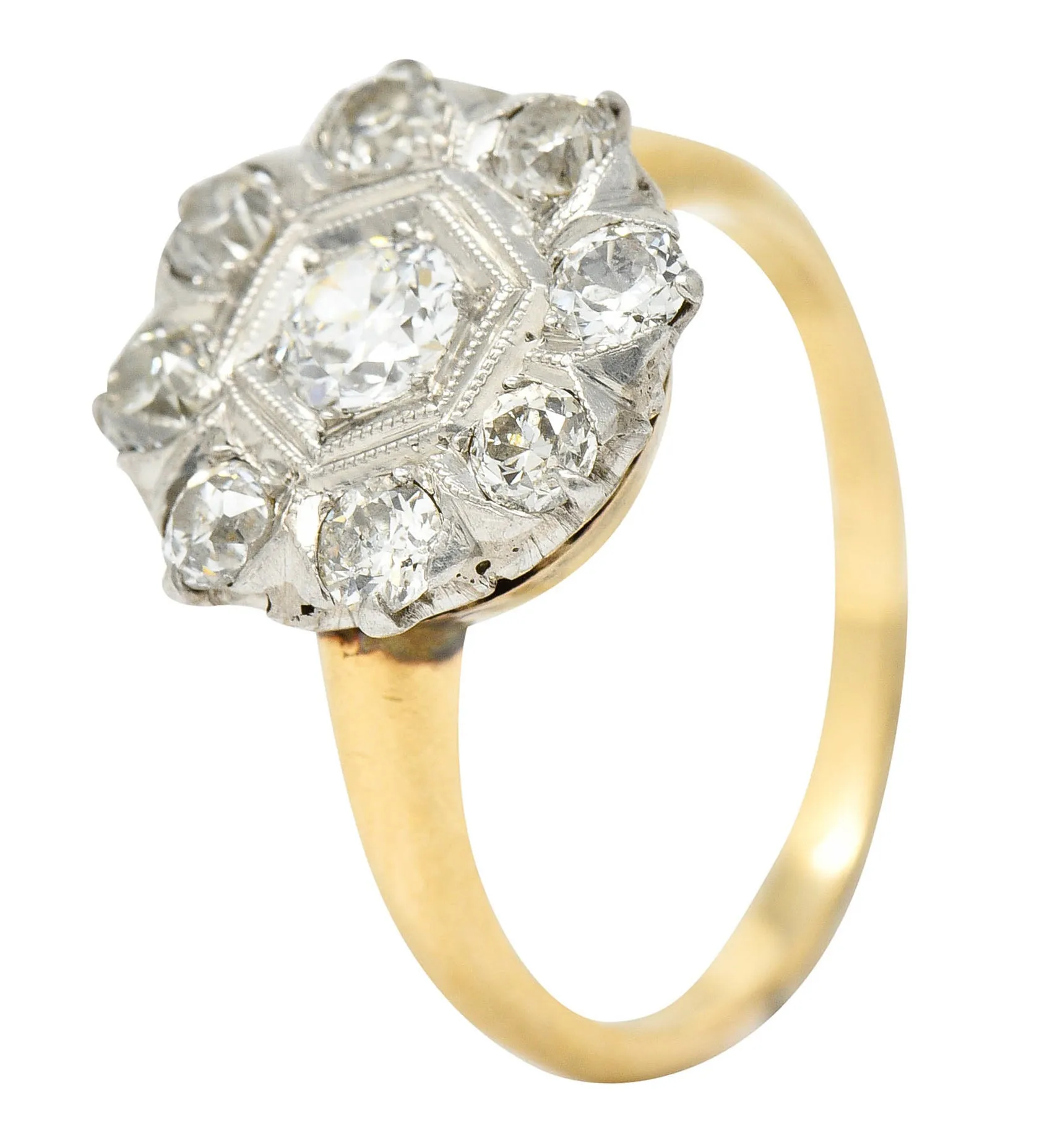 1920's Art Deco 0.80 CTW Diamond Platinum-Topped 14 Karat Gold Cluster Ring