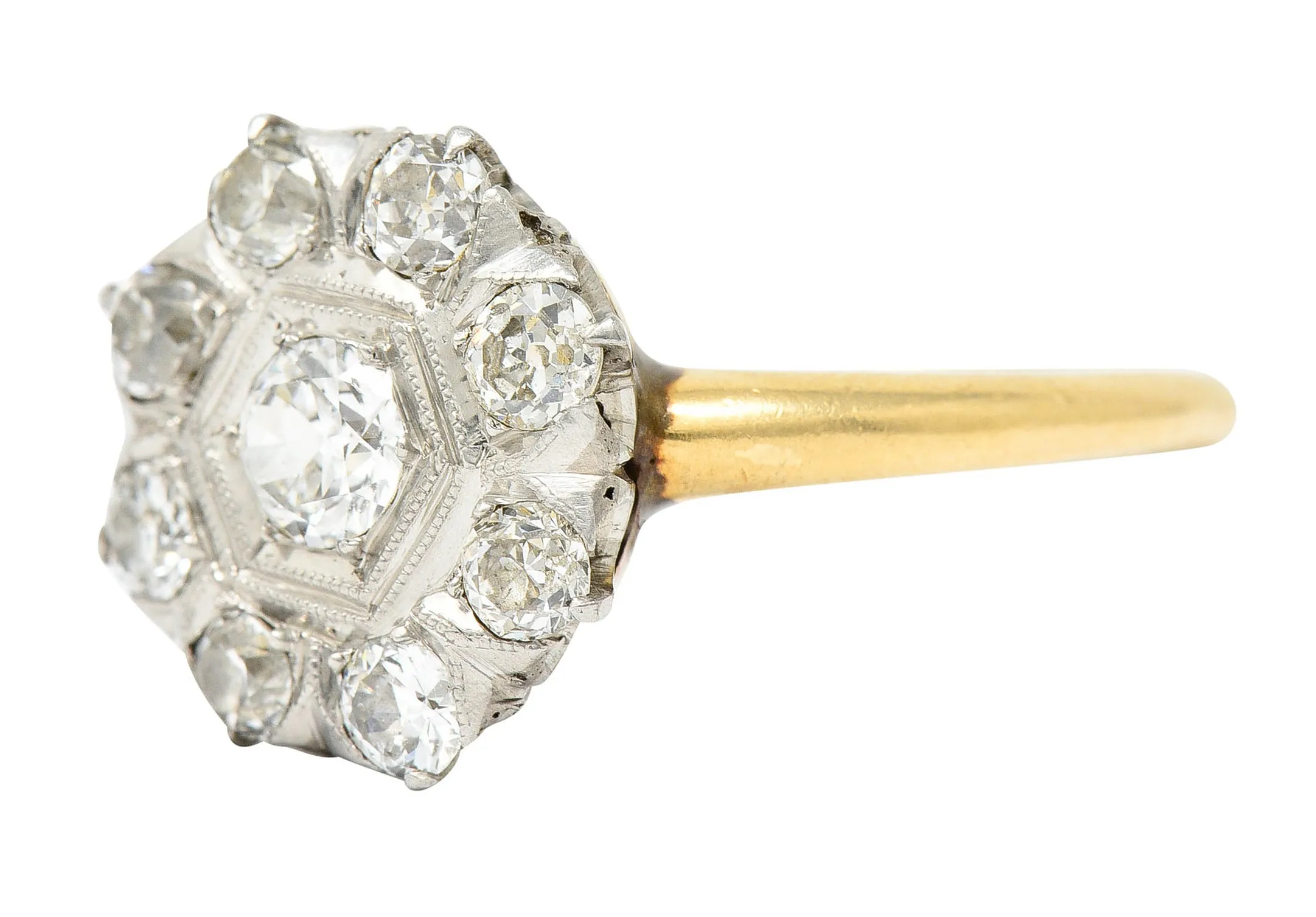 1920's Art Deco 0.80 CTW Diamond Platinum-Topped 14 Karat Gold Cluster Ring