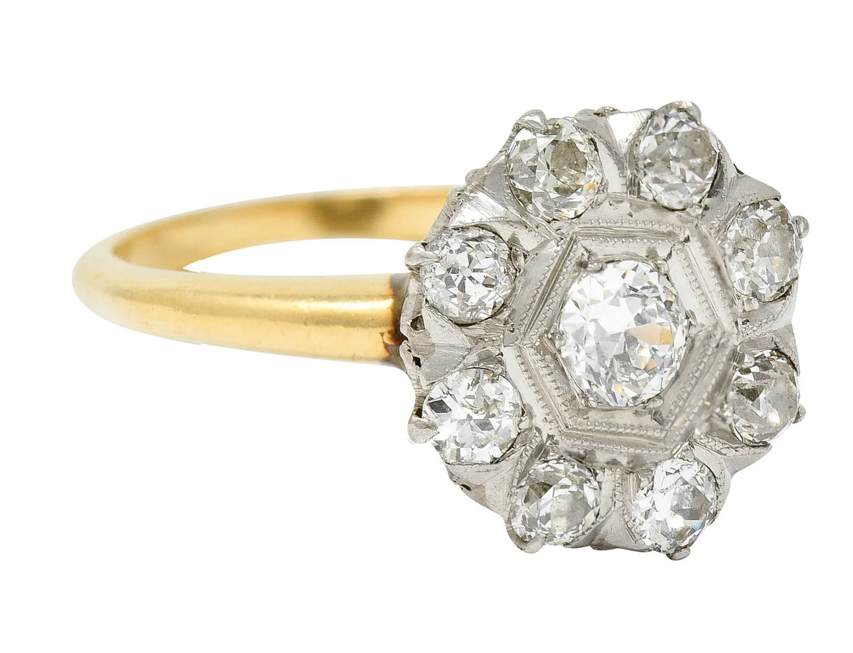 1920's Art Deco 0.80 CTW Diamond Platinum-Topped 14 Karat Gold Cluster Ring