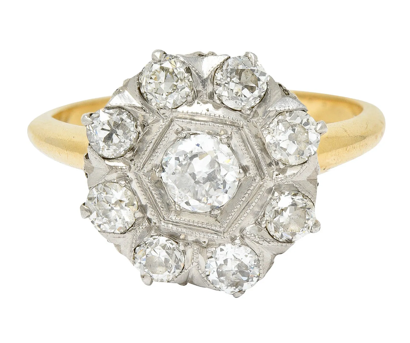 1920's Art Deco 0.80 CTW Diamond Platinum-Topped 14 Karat Gold Cluster Ring