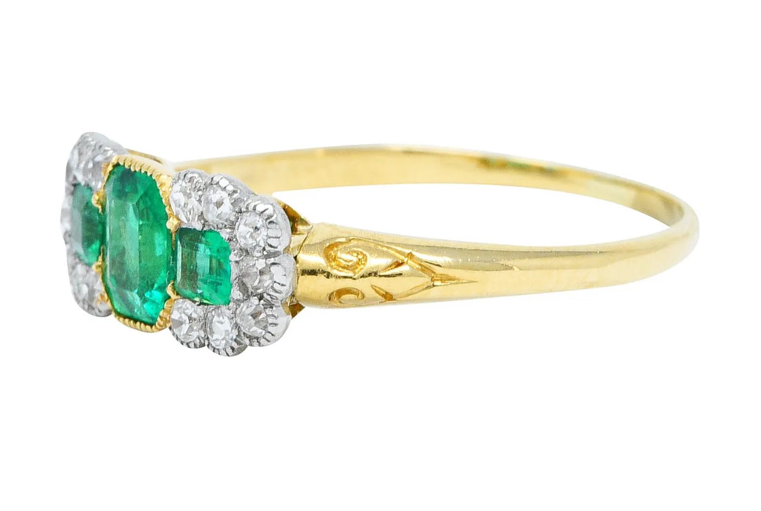 1920's Art Deco 1.20 CTW Emerald Diamond Platinum-Topped 18 Karat Gold Ring