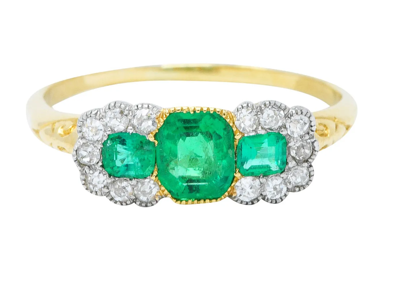 1920's Art Deco 1.20 CTW Emerald Diamond Platinum-Topped 18 Karat Gold Ring
