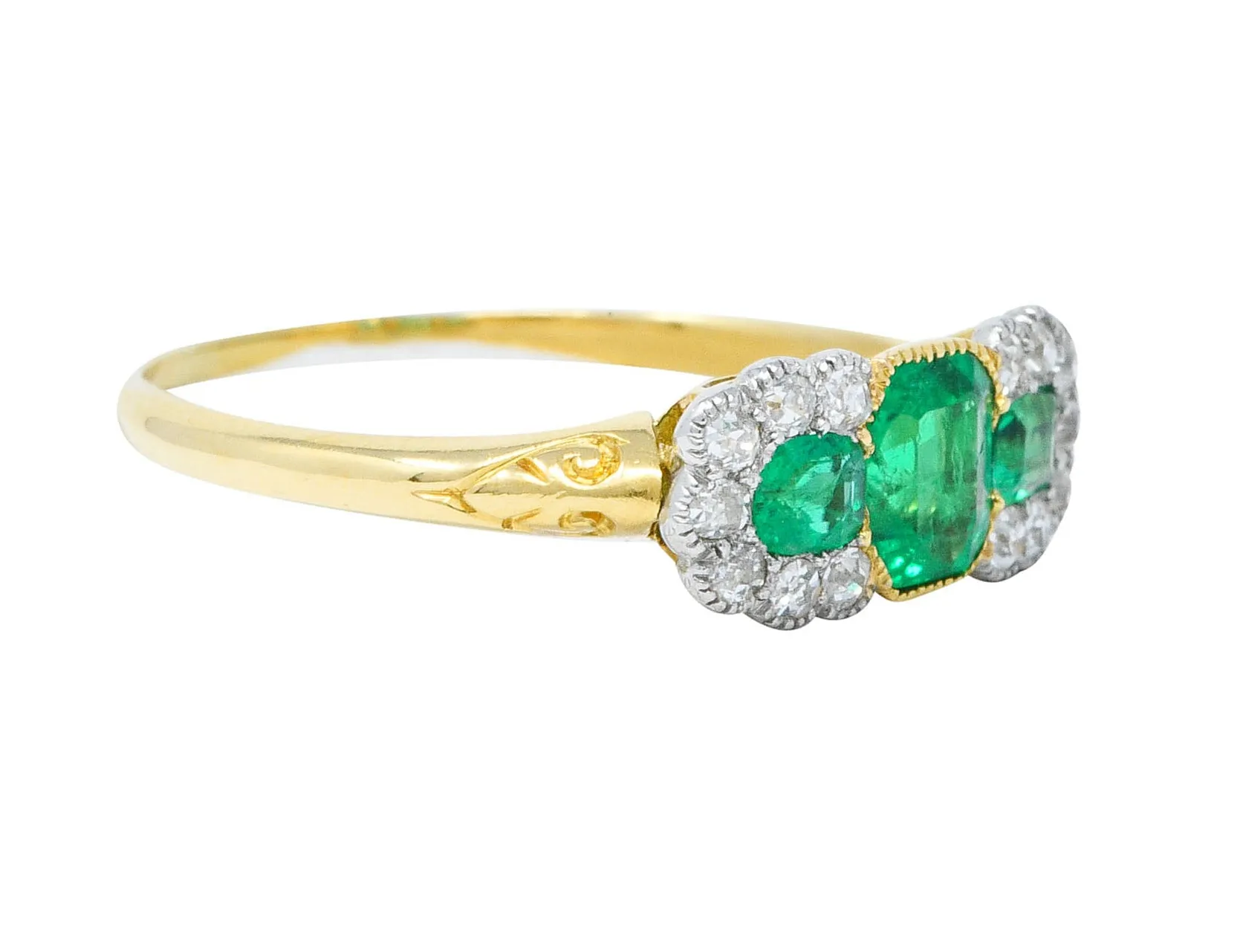 1920's Art Deco 1.20 CTW Emerald Diamond Platinum-Topped 18 Karat Gold Ring