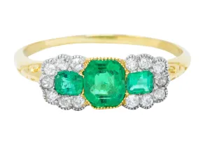 1920's Art Deco 1.20 CTW Emerald Diamond Platinum-Topped 18 Karat Gold Ring