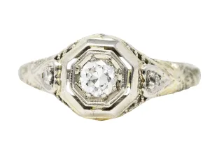 1920's Art Deco Diamond 18 Karat White Gold Heart Engagement Ring