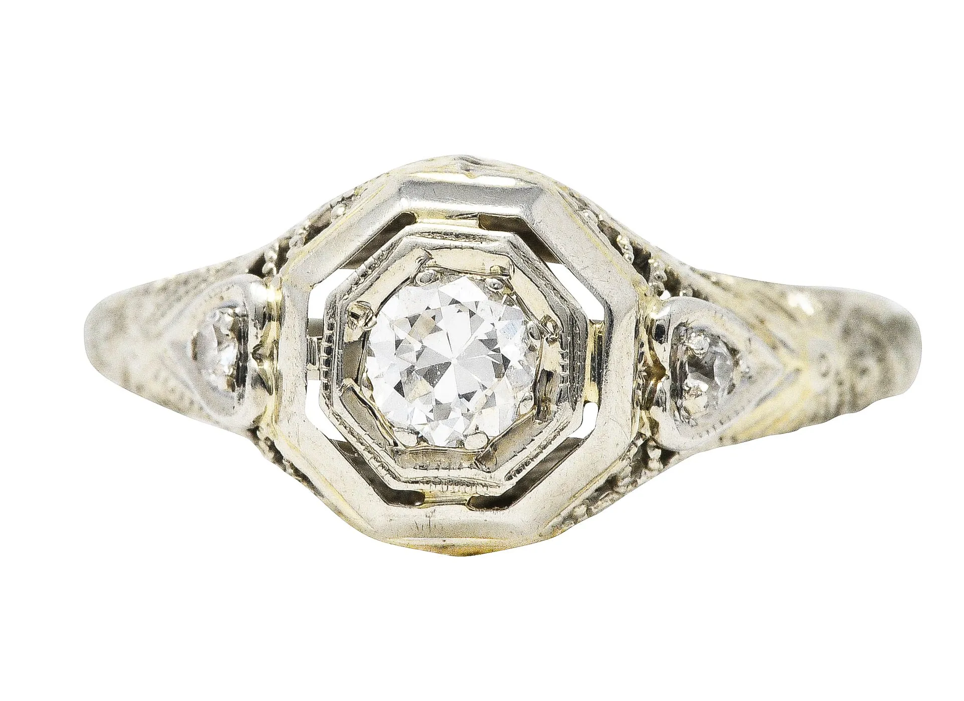 1920's Art Deco Diamond 18 Karat White Gold Heart Engagement Ring