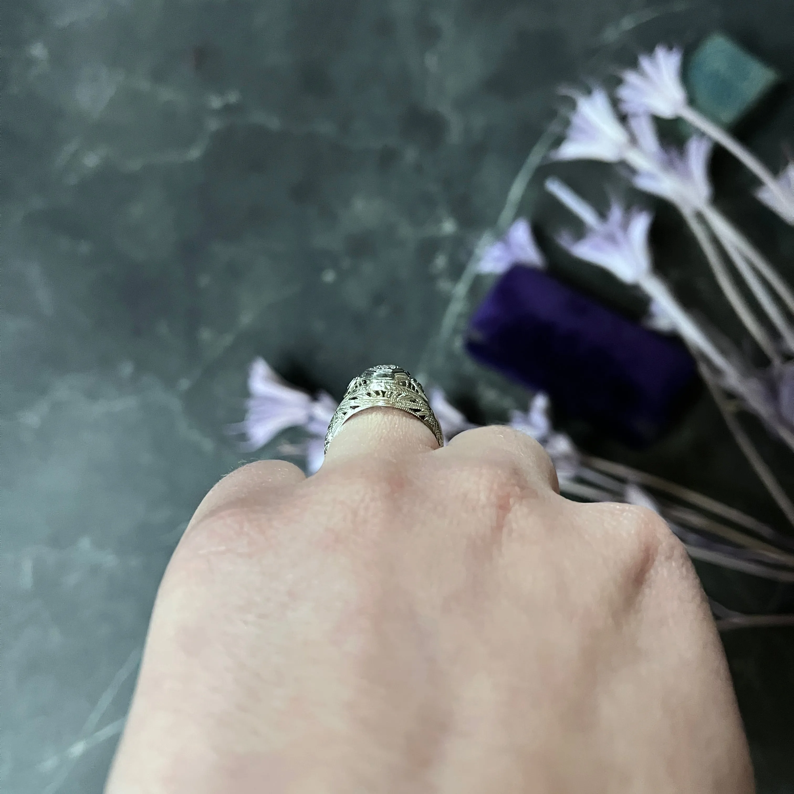 1920's Art Deco Diamond 18 Karat White Gold Heart Engagement Ring
