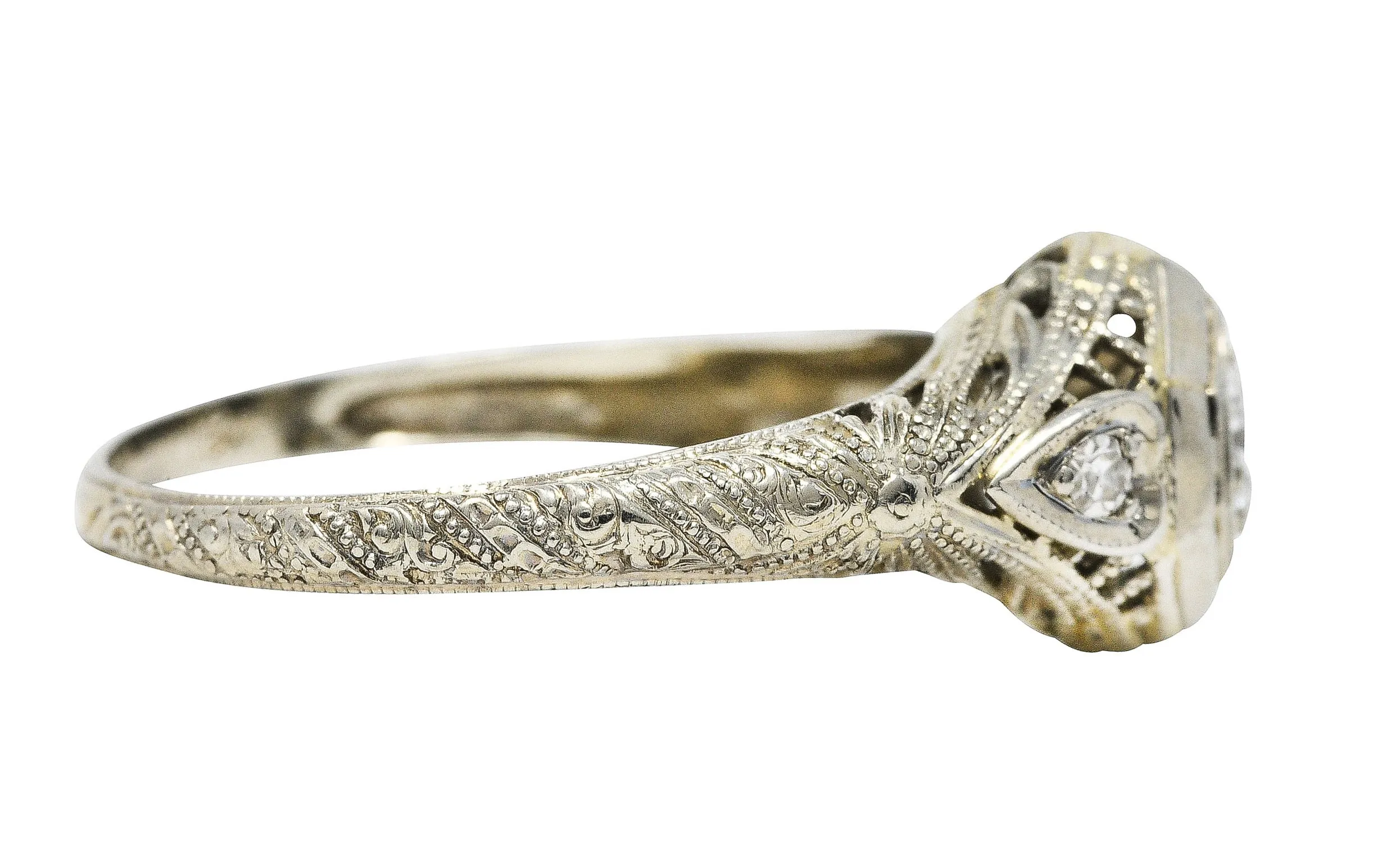 1920's Art Deco Diamond 18 Karat White Gold Heart Engagement Ring