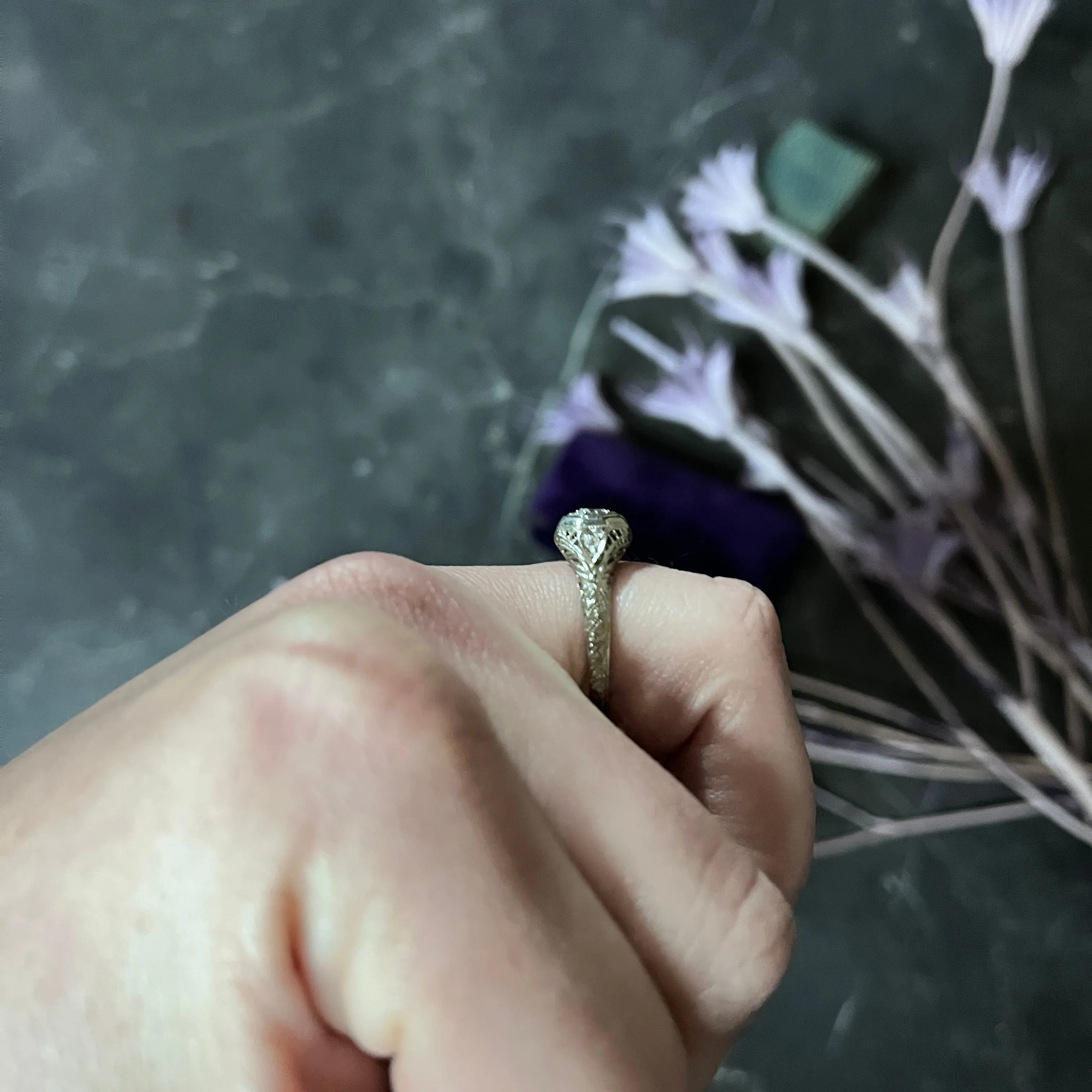 1920's Art Deco Diamond 18 Karat White Gold Heart Engagement Ring