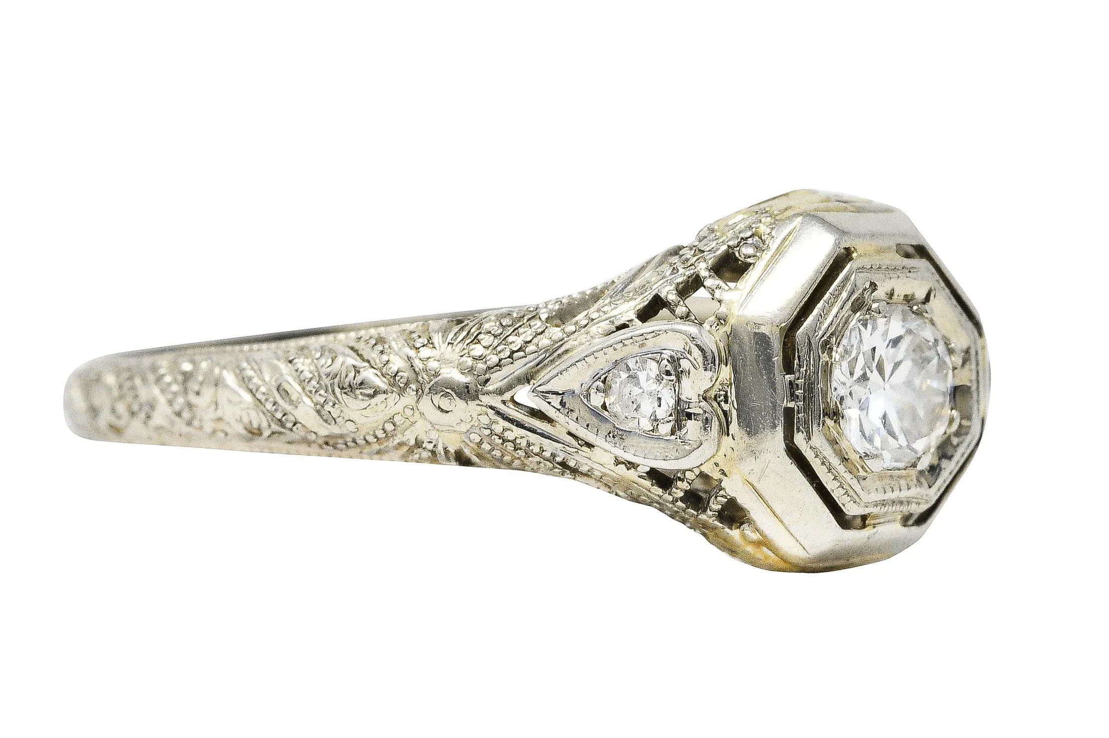 1920's Art Deco Diamond 18 Karat White Gold Heart Engagement Ring