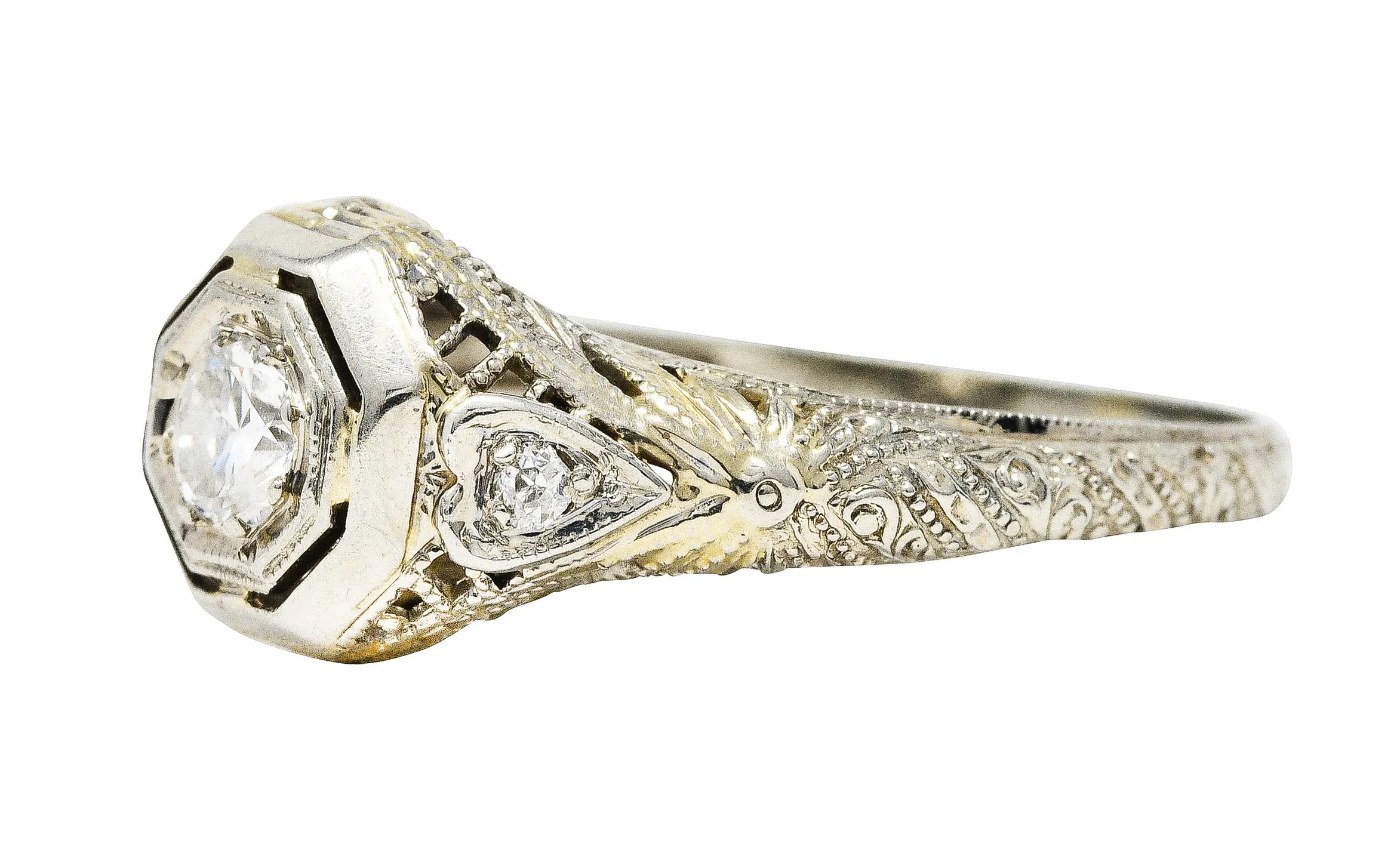 1920's Art Deco Diamond 18 Karat White Gold Heart Engagement Ring